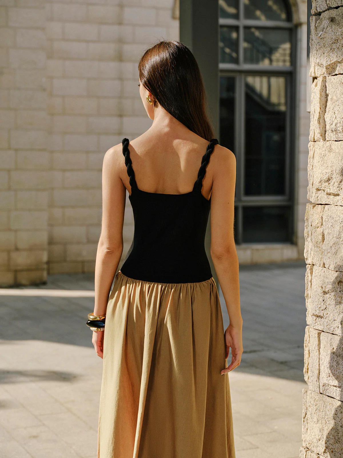 Linen & Cotton Panel Cowl Neck Metal Detail Sleeveless Dress - Image 6