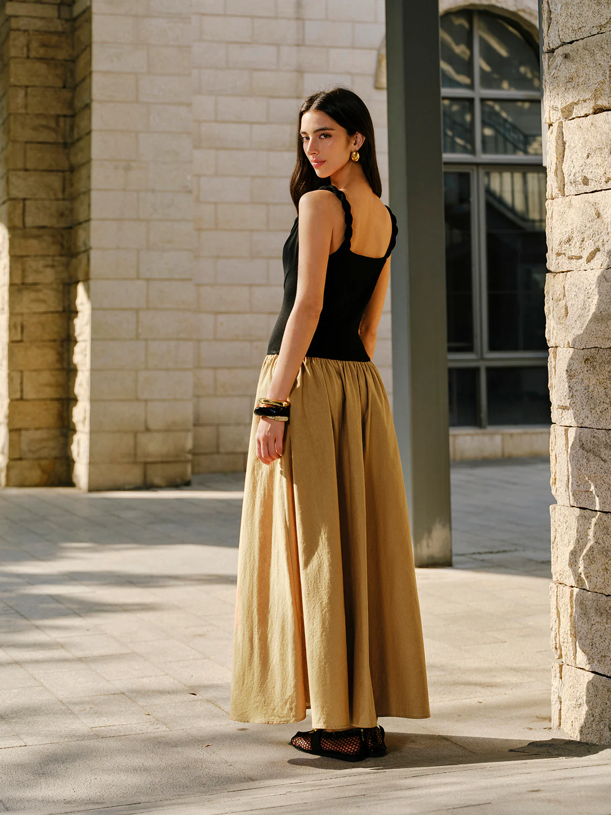 Linen & Cotton Panel Cowl Neck Metal Detail Sleeveless Dress - Image 7