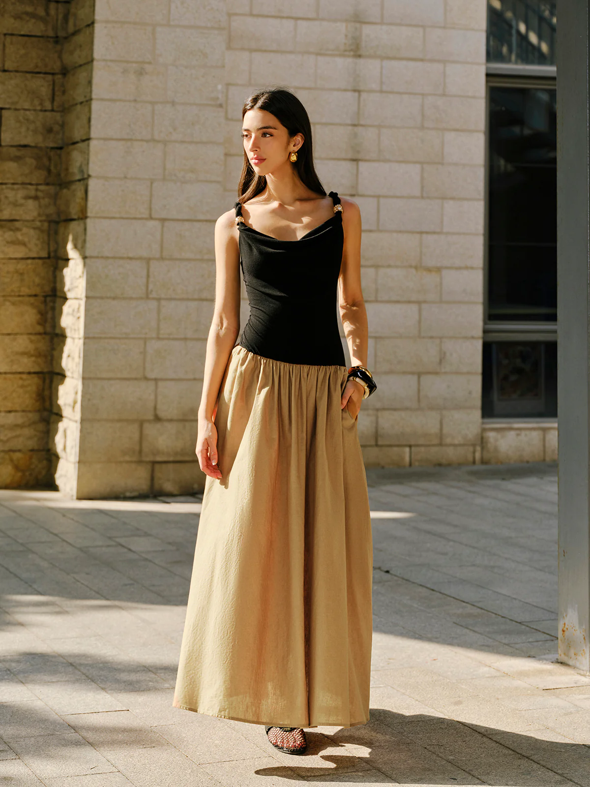 Linen & Cotton Panel Cowl Neck Metal Detail Sleeveless Dress - Image 8