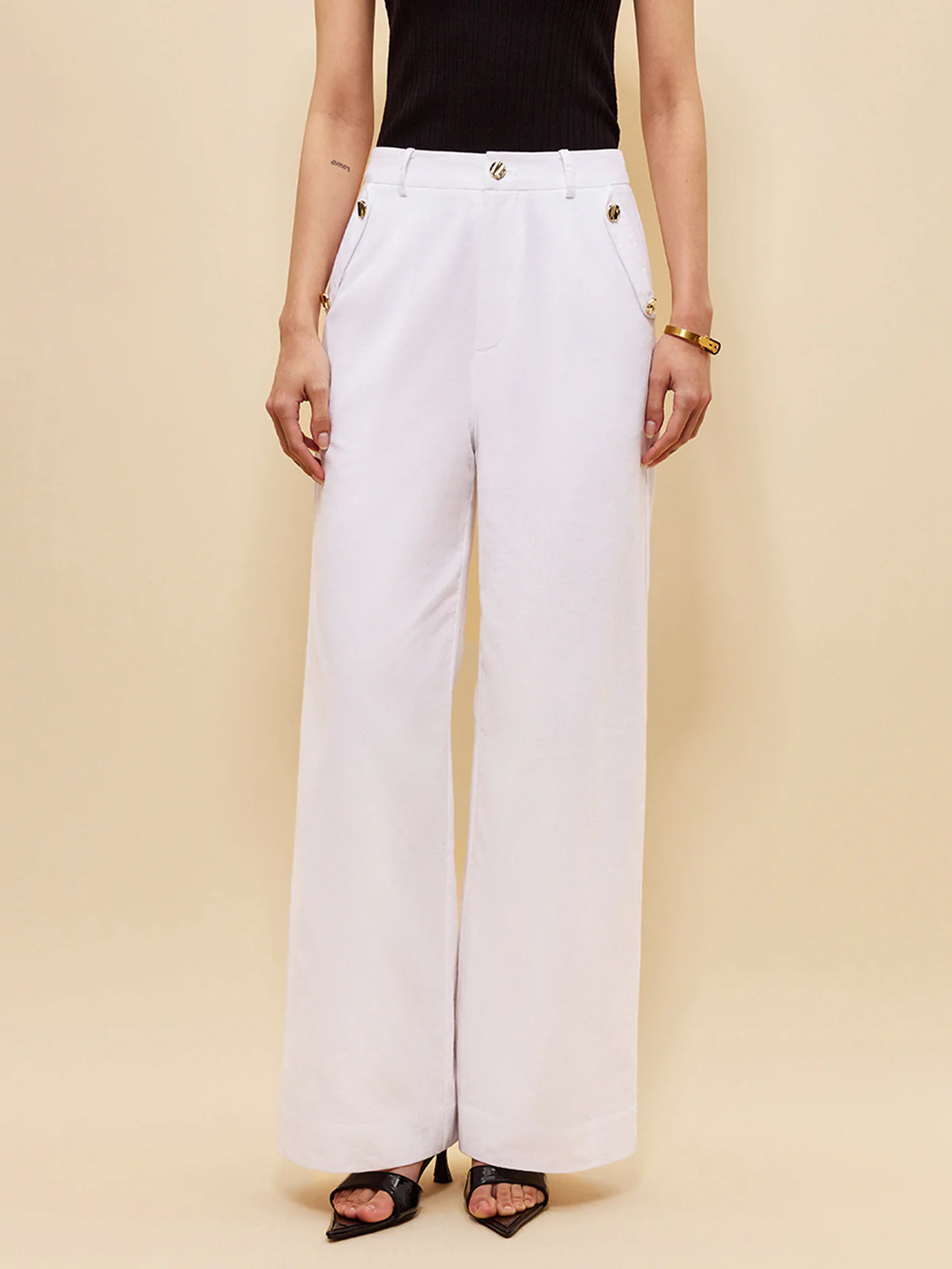 Linen & Cotton Pockets Mid-Waist Pants - Image 3