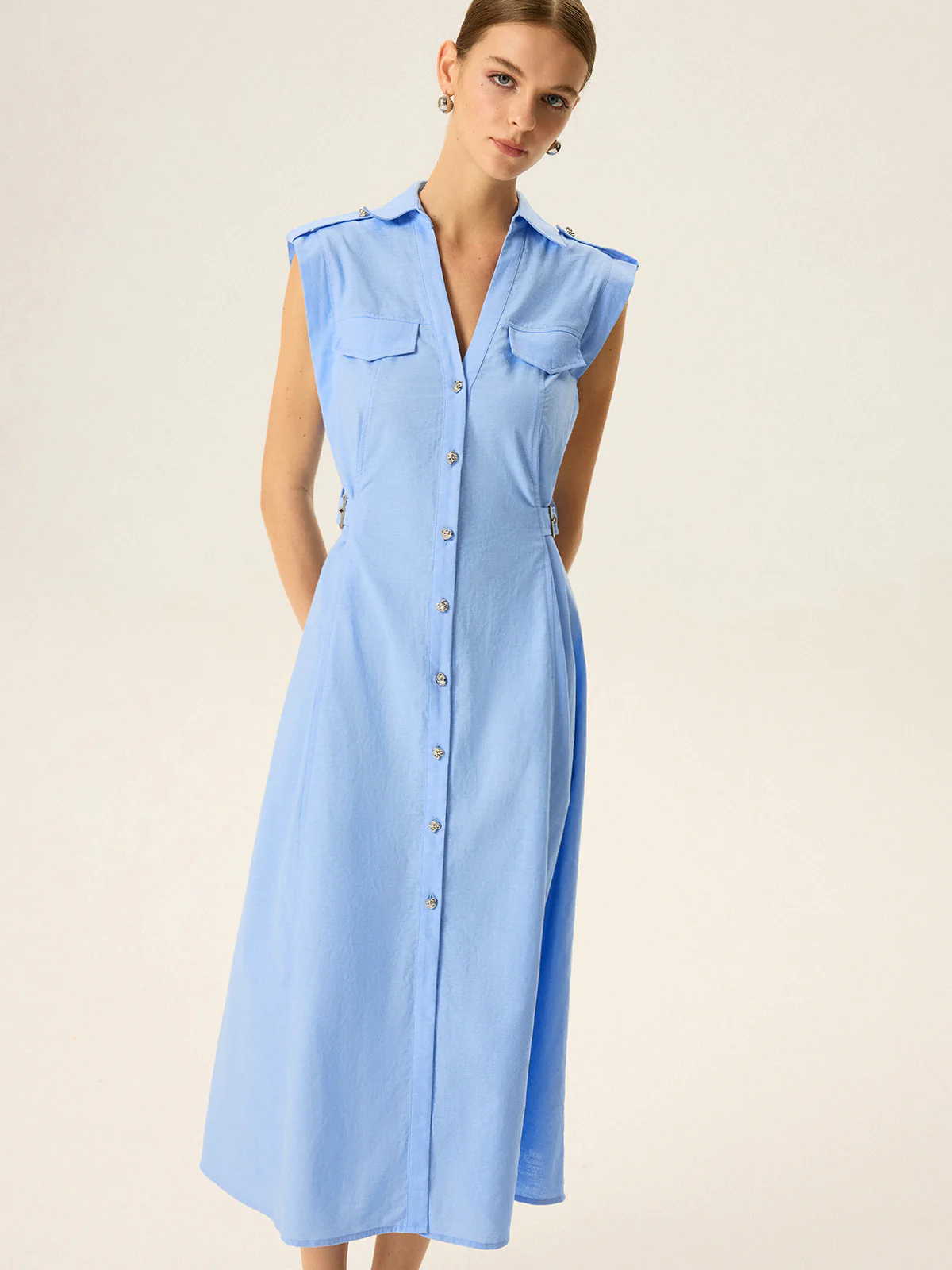 Linen & Cotton V-Neck Midi Dress with Metal Button - Image 2