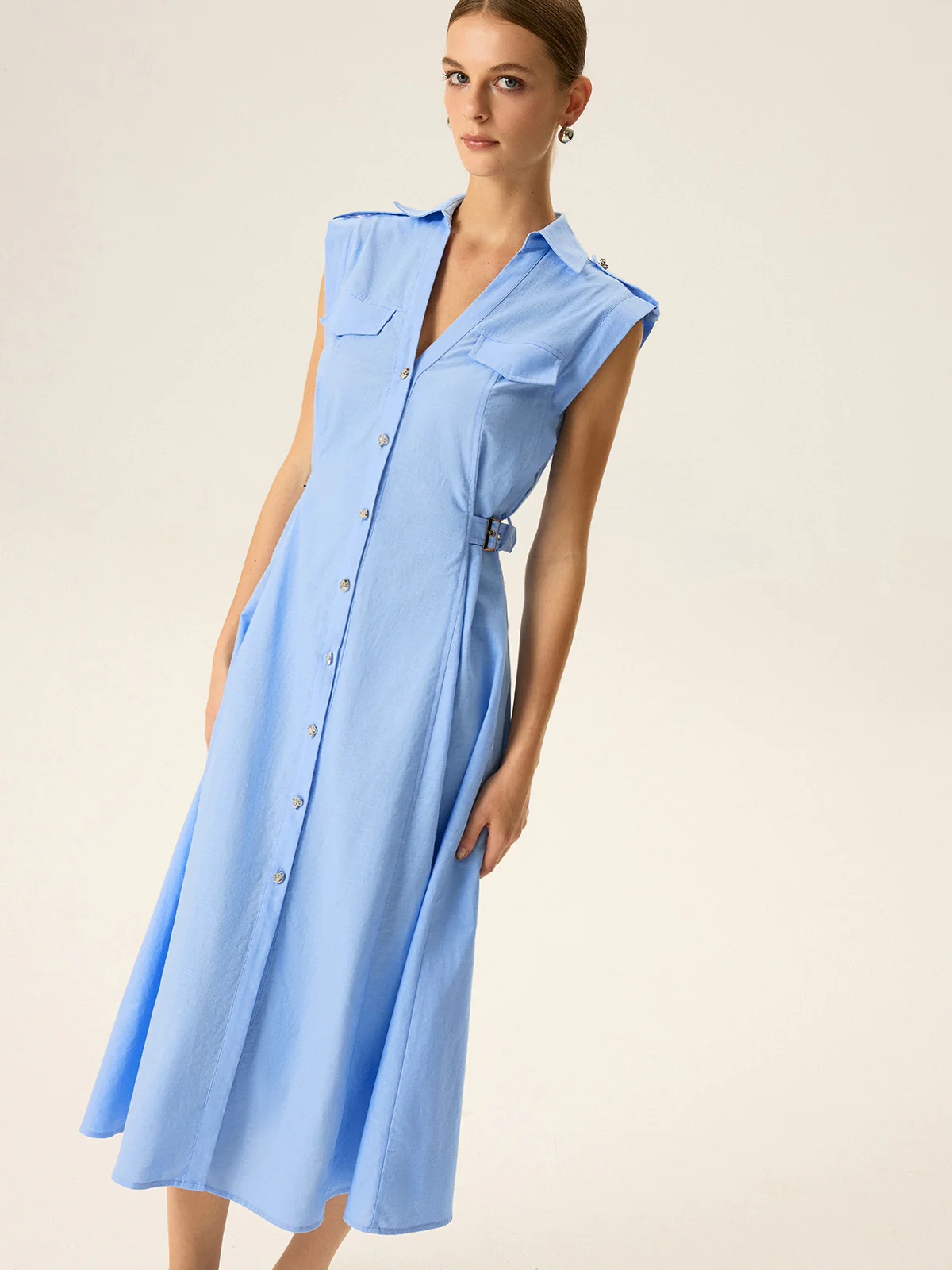 Linen & Cotton V-Neck Midi Dress with Metal Button - Image 3