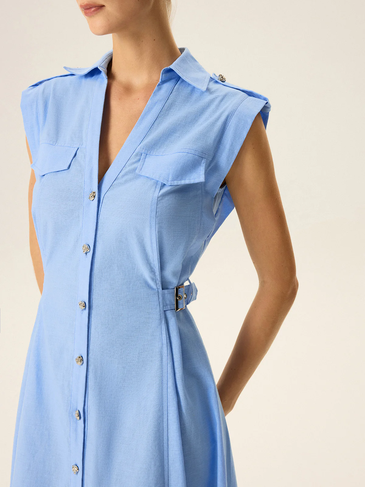Linen & Cotton V-Neck Midi Dress with Metal Button - Image 4