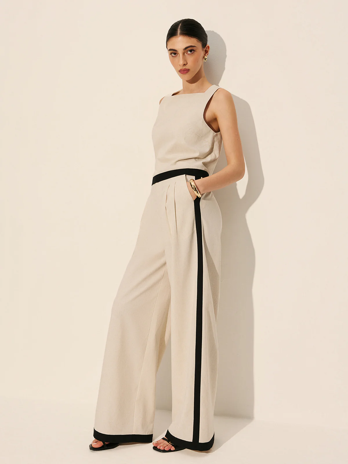 Linen & Cotton Zipper Contrast Binding Pant Set