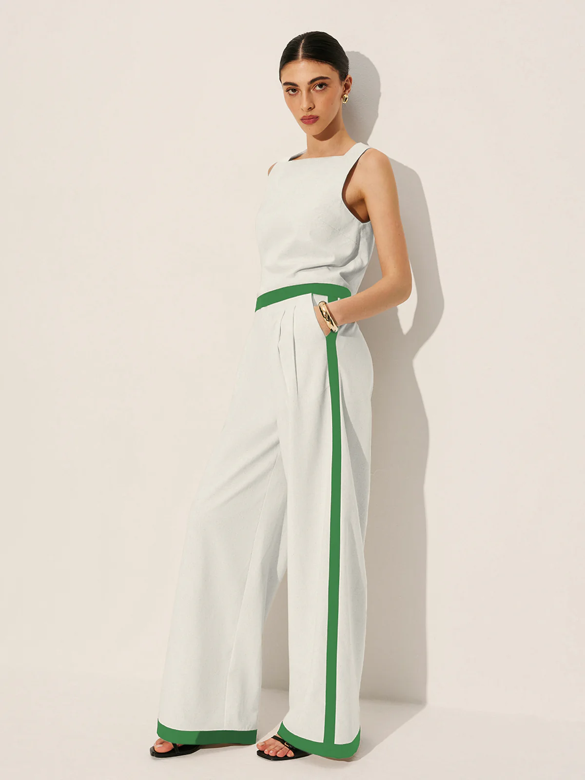 Linen & Cotton Zipper Contrast Binding Pant Set - Image 13