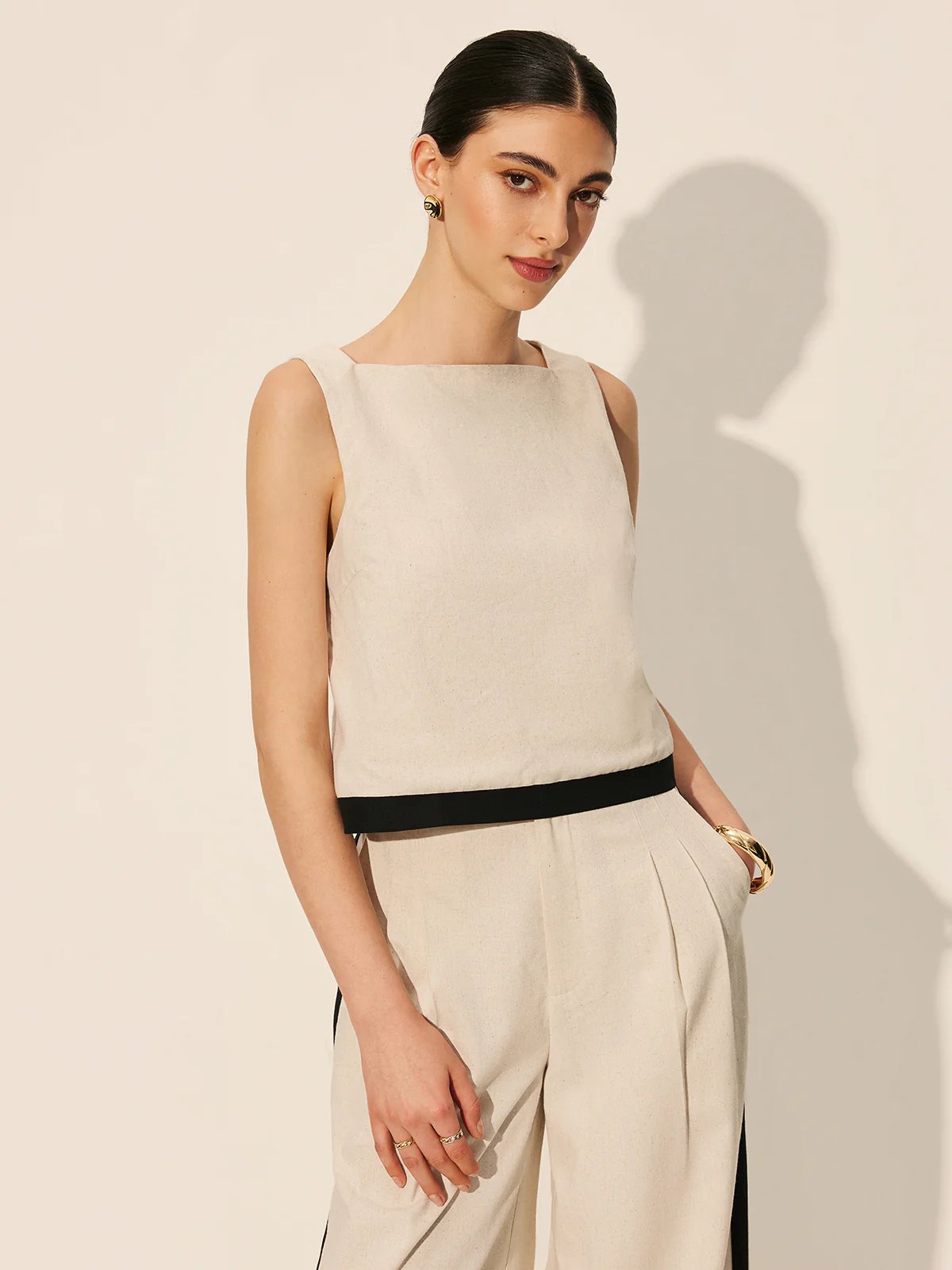 Linen & Cotton Zipper Contrast Binding Pant Set - Image 3