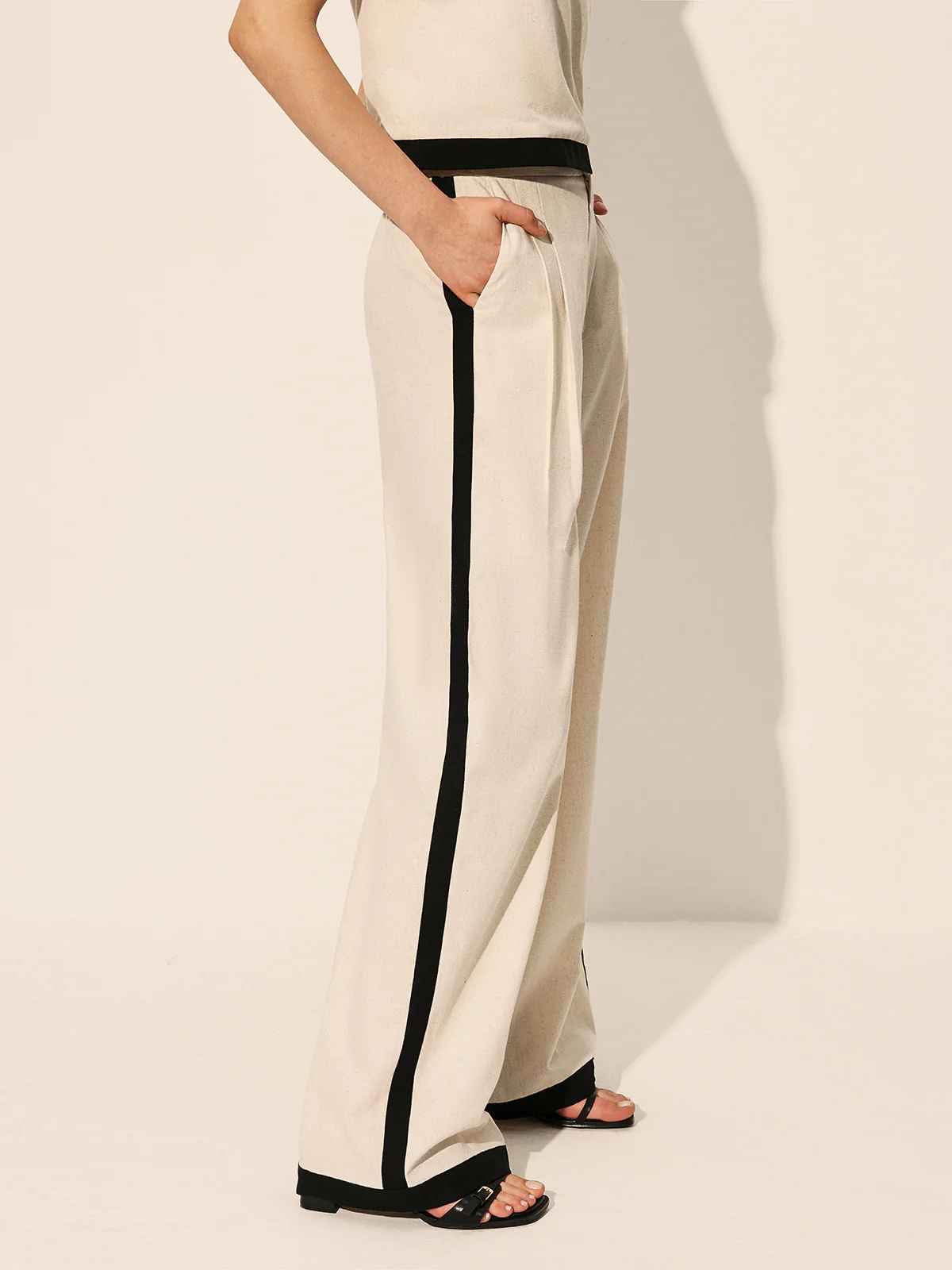 Linen & Cotton Zipper Contrast Binding Pant Set - Image 4