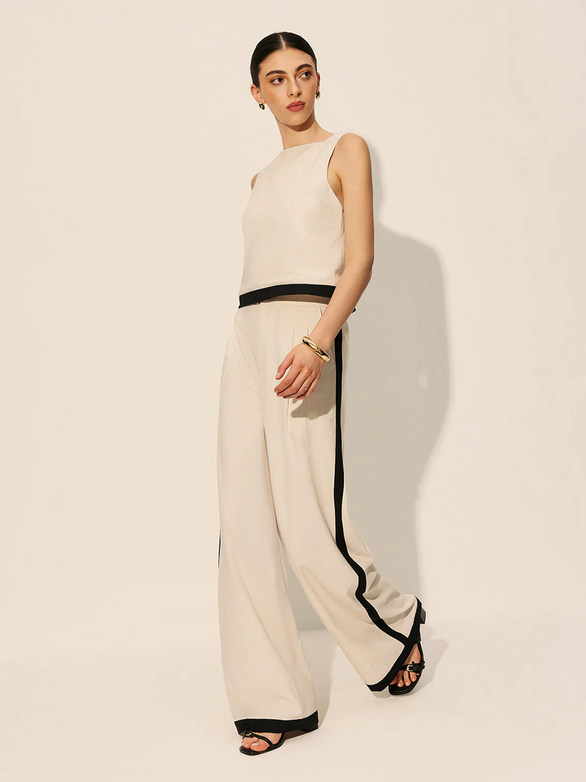 Linen & Cotton Zipper Contrast Binding Pant Set - Image 5