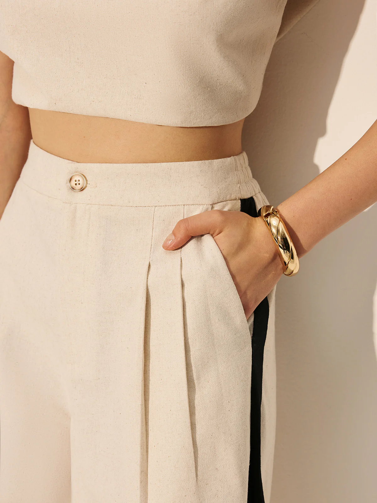 Linen & Cotton Zipper Contrast Binding Pant Set - Image 6