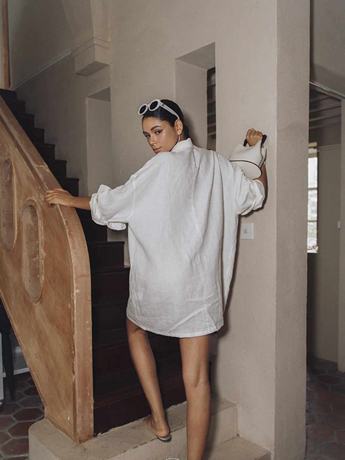 Linen Pockets Semi-Sheer Long Sleeve Dress - Image 2