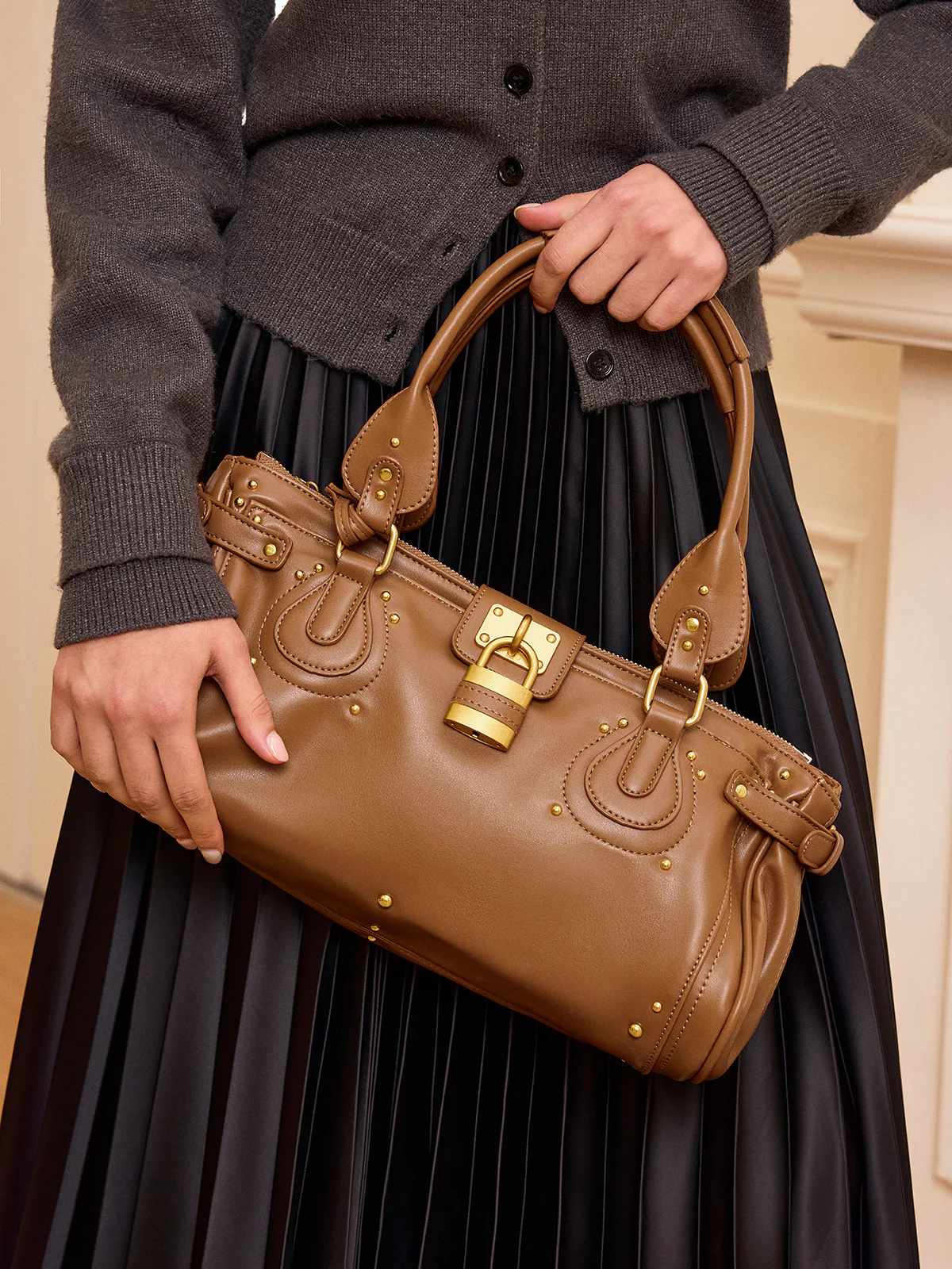 Lock Detail Studded PU Leather Top Handle Bag - Image 3