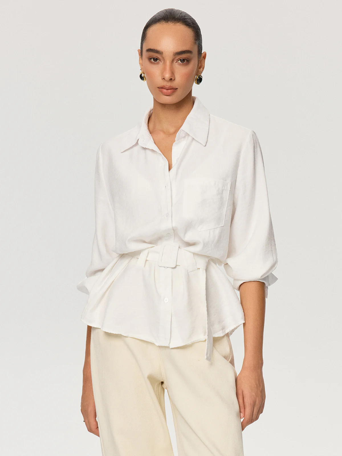 Long Sleeve Belted Cotton Shirt - Image 2