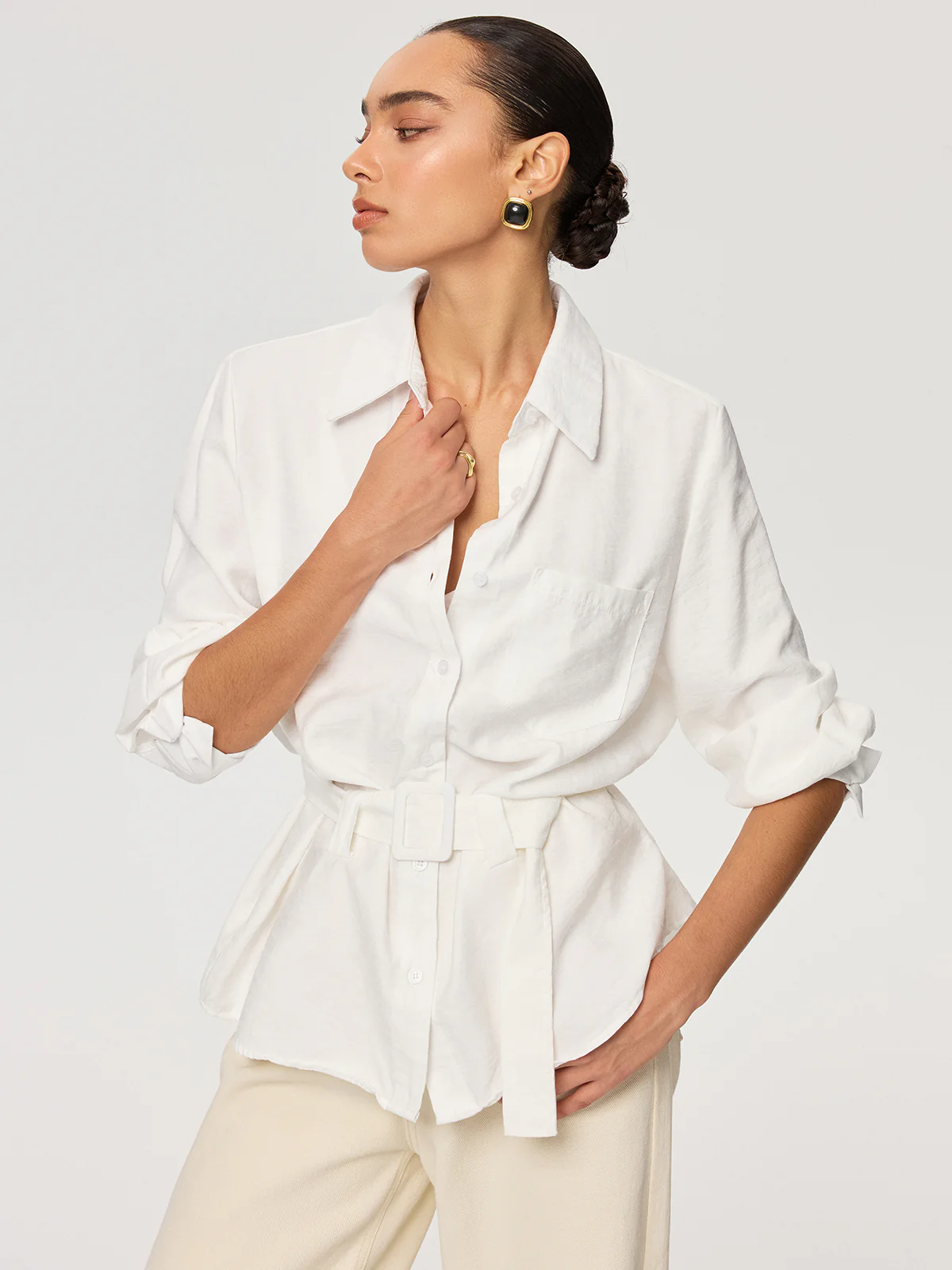 Long Sleeve Belted Cotton Shirt - Image 3