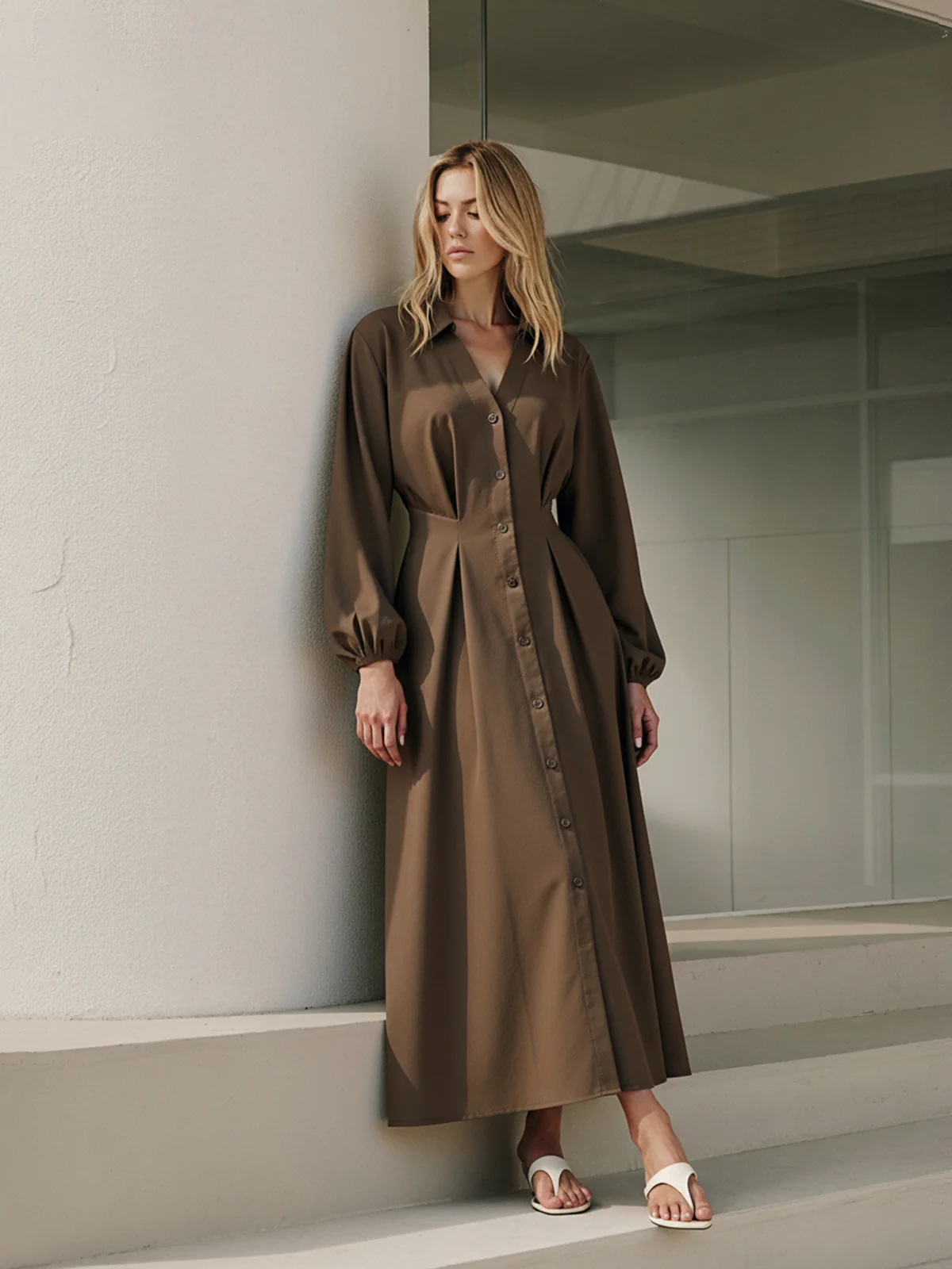 Long Sleeve Button Front Cotton Shirt Dress