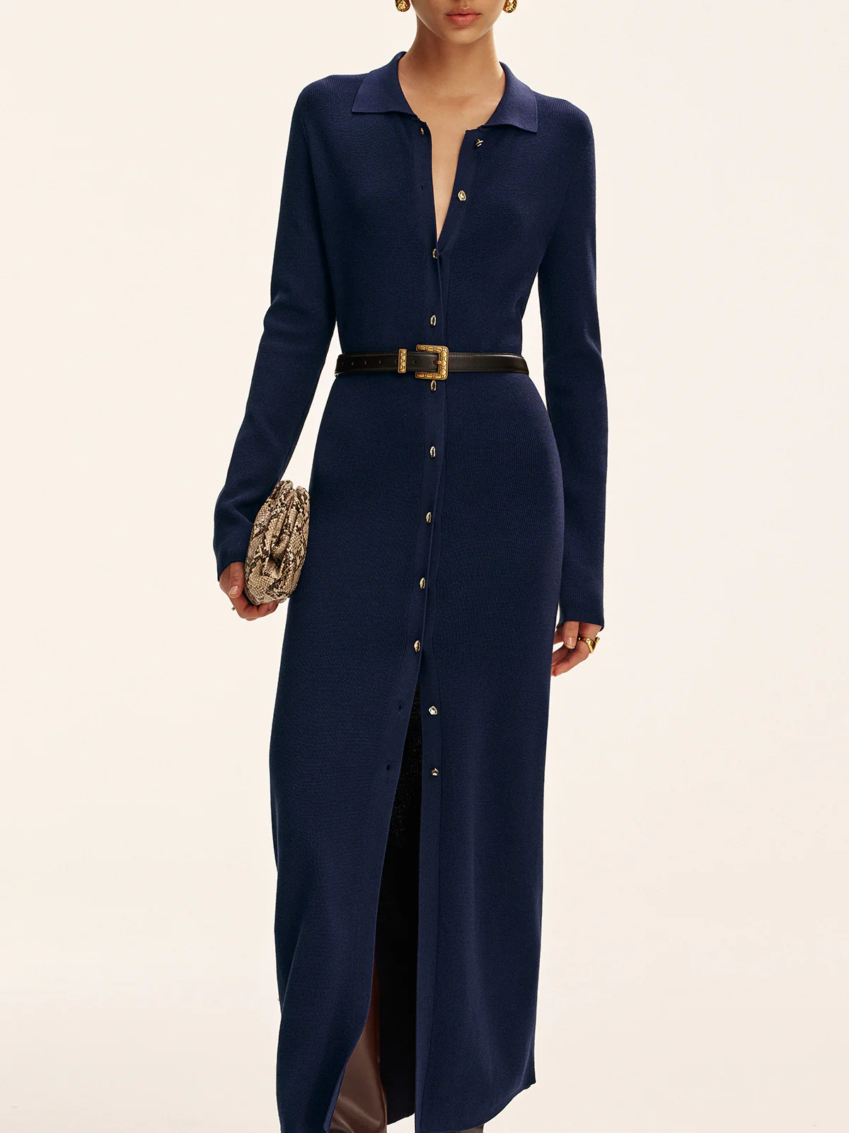 Long Sleeve Button Knit Maxi Dress without Belt - Image 3