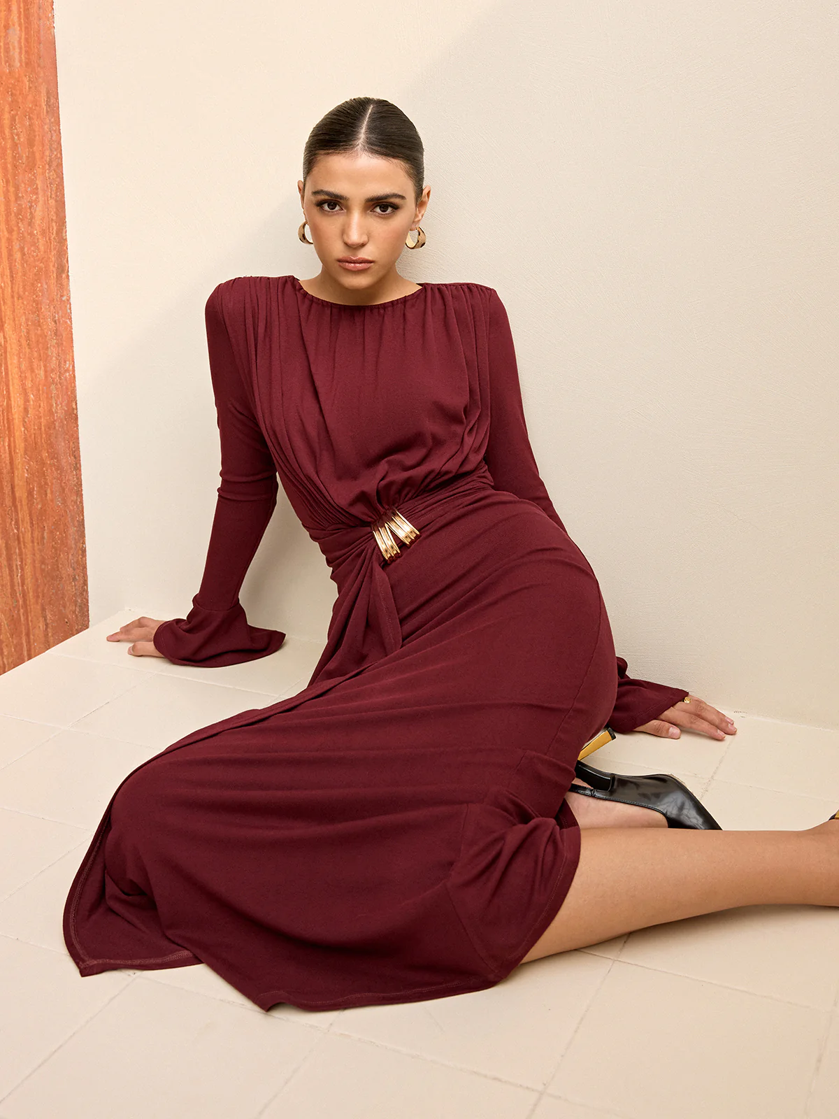Long-Sleeve Draped Maxi Dress - Image 3