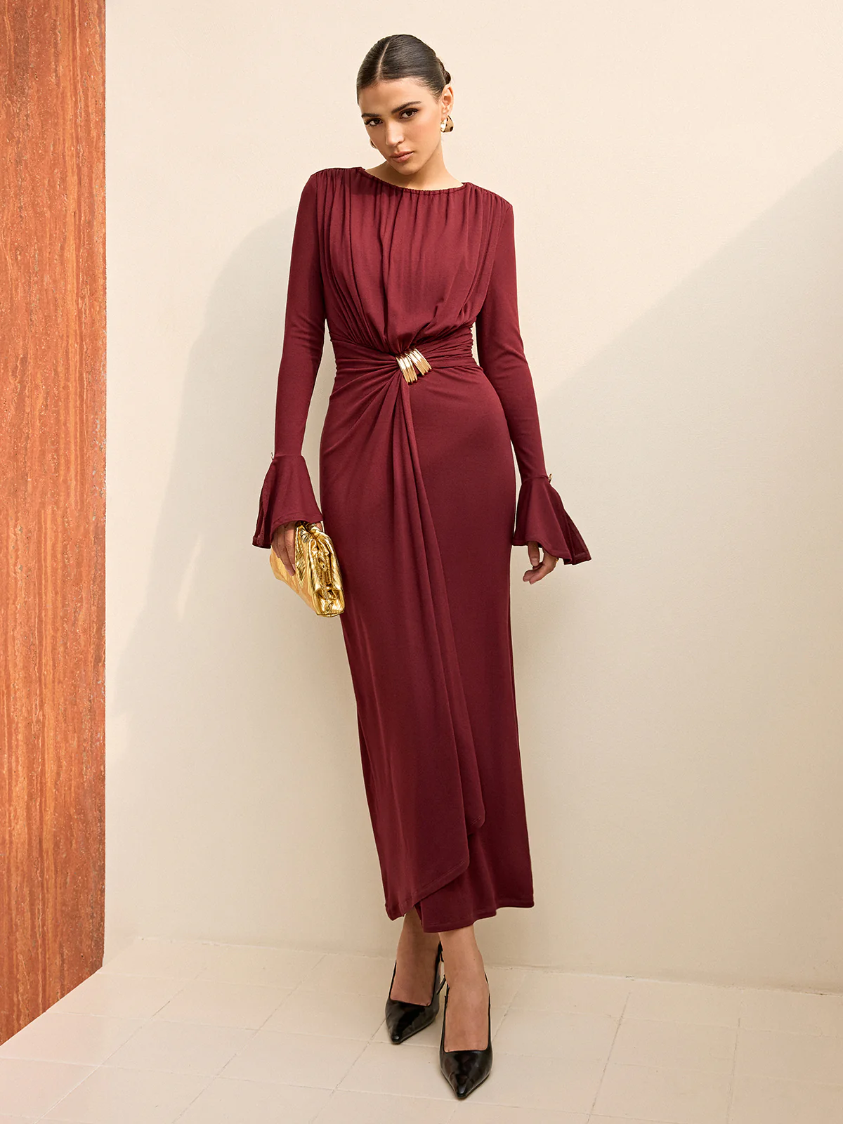 Long-Sleeve Draped Maxi Dress - Image 4