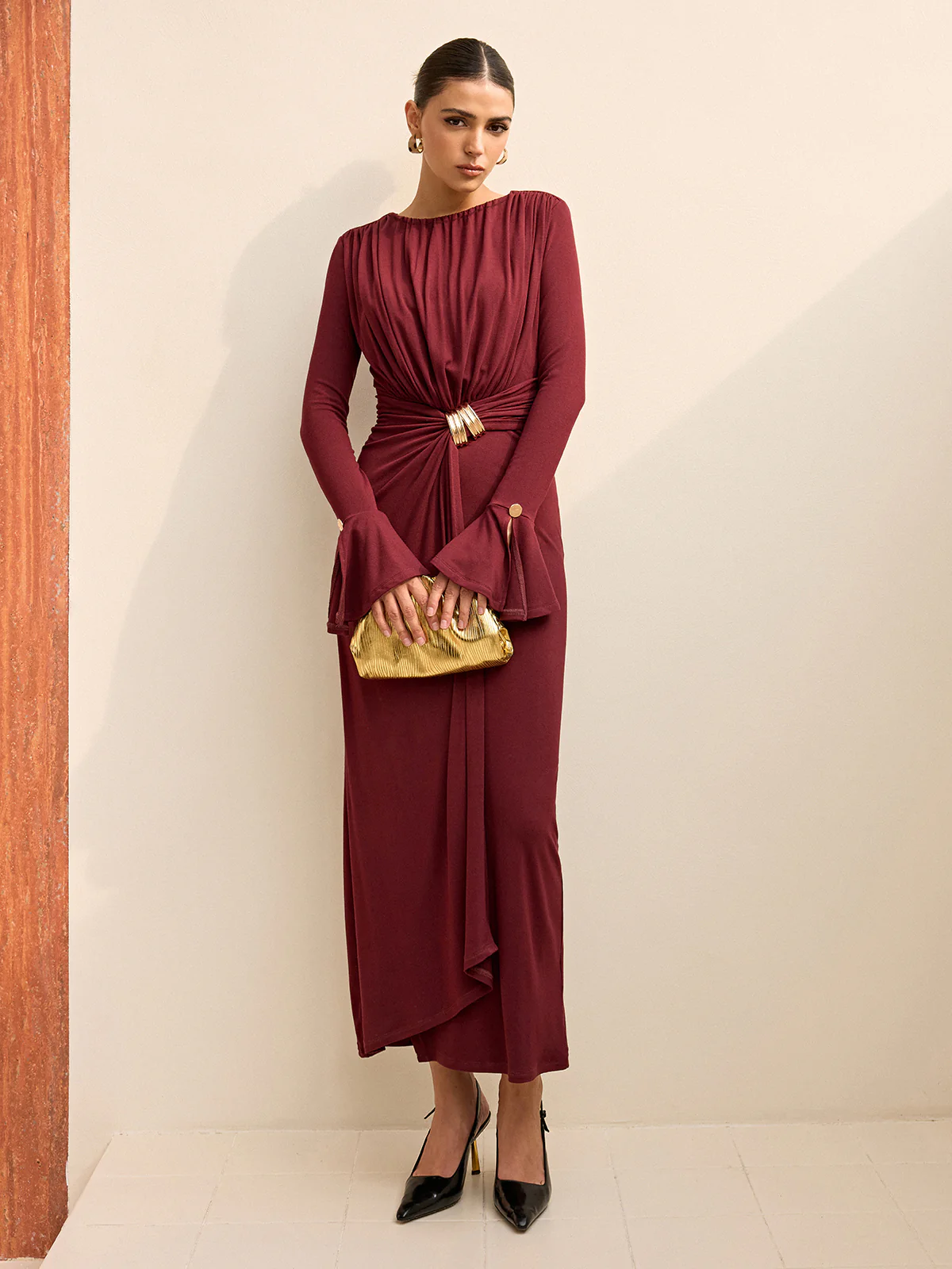 Long-Sleeve Draped Maxi Dress - Image 6