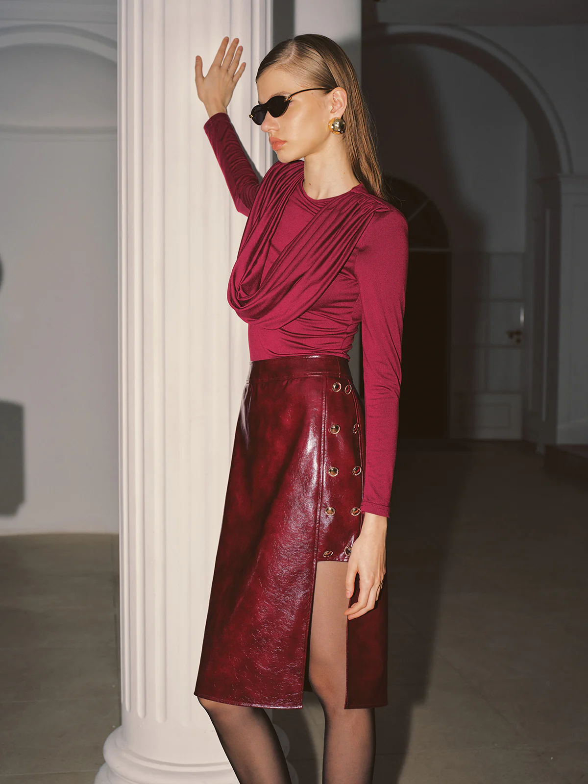 Long-Sleeve Draped Neck Top - Image 5