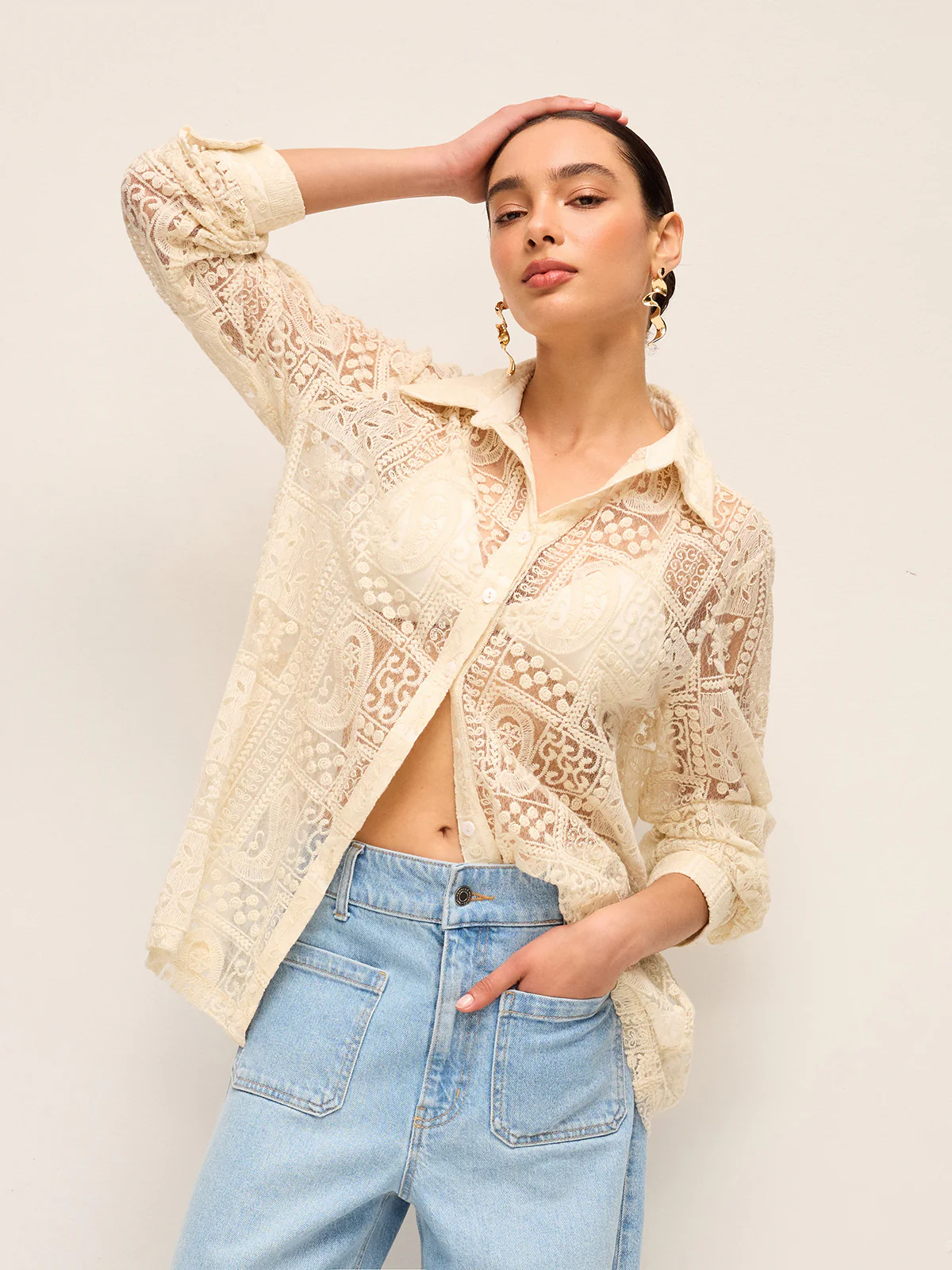 Long-Sleeve Lace Polo Collar Cotton-Blend Shirt - Image 2