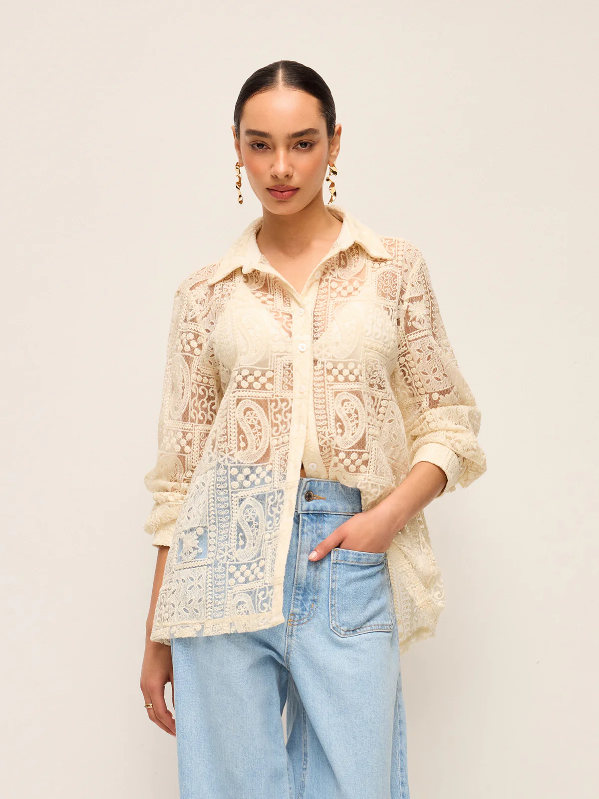 Long-Sleeve Lace Polo Collar Cotton-Blend Shirt - Image 4