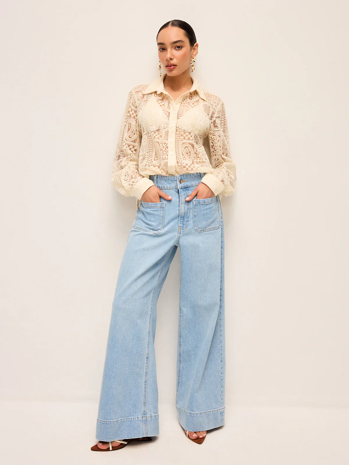 Long-Sleeve Lace Polo Collar Cotton-Blend Shirt - Image 5