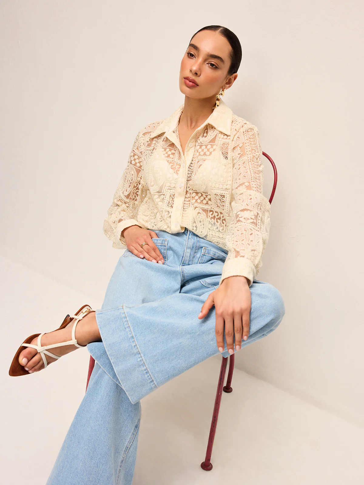 Long-Sleeve Lace Polo Collar Cotton-Blend Shirt - Image 6