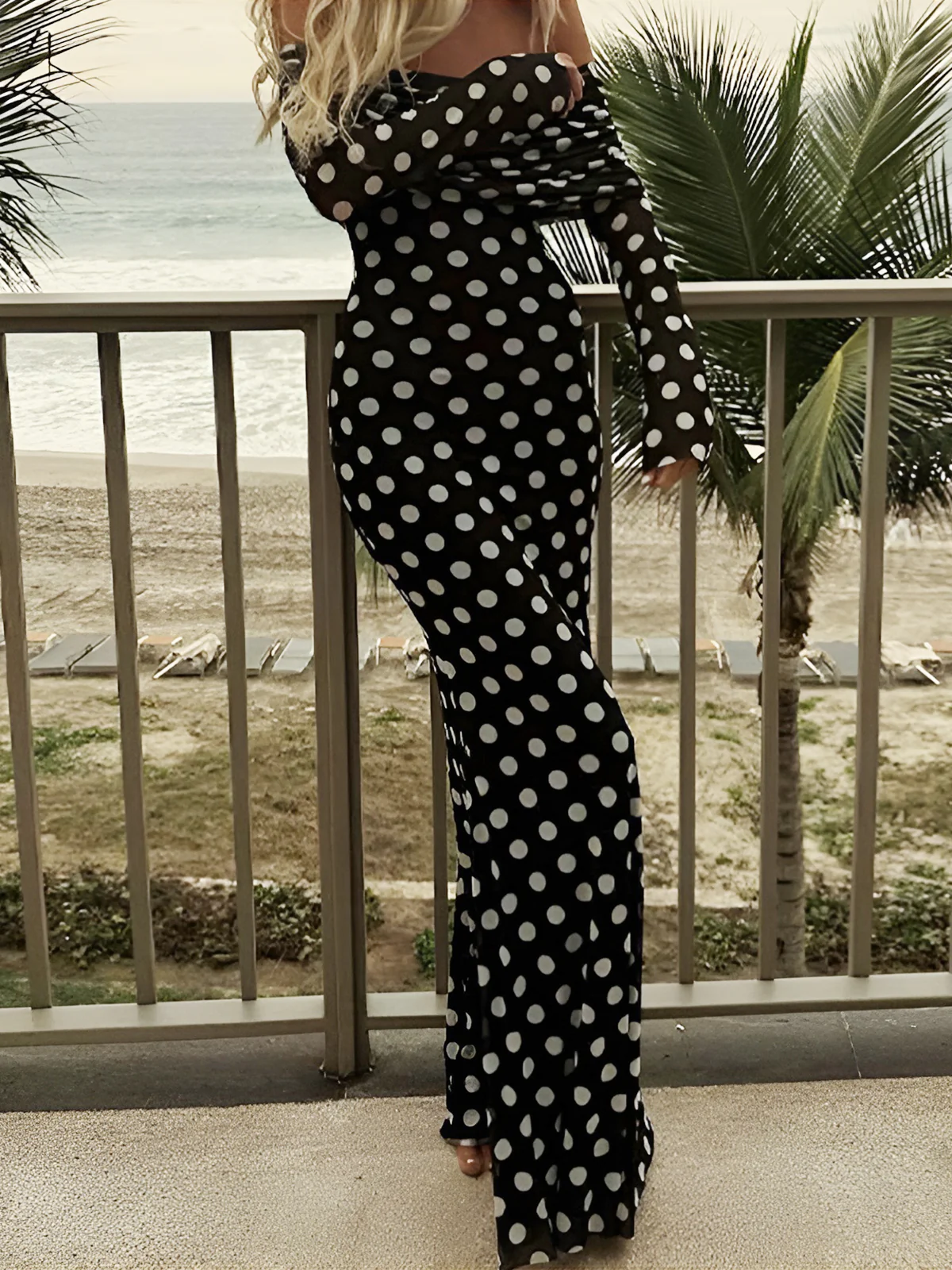 Long Sleeve Off-Shoulder Polka Dot Print Long Dress - Image 3