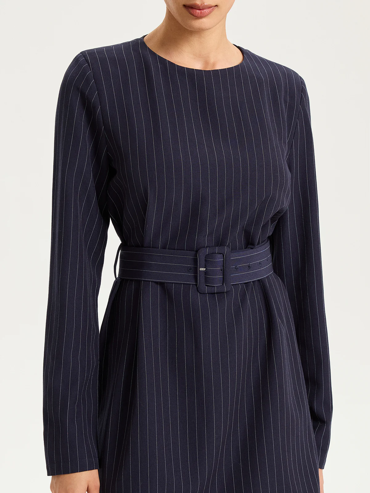 Long Sleeve Pinstripe Belted Mini Dress - Image 4
