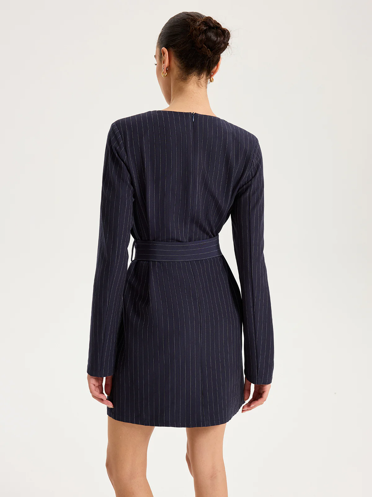 Long Sleeve Pinstripe Belted Mini Dress - Image 6