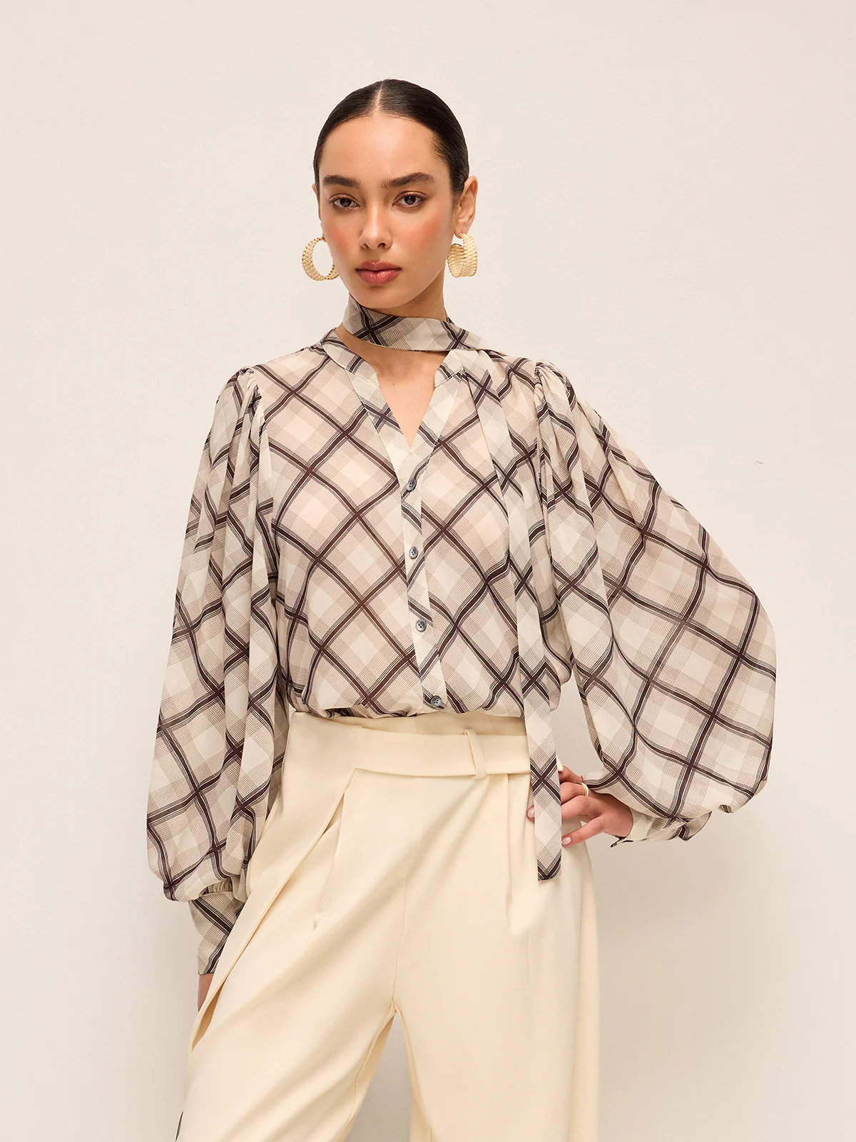 Long-Sleeve Plaid Chiffon Shirt With Neck-Tie Detail - Image 3