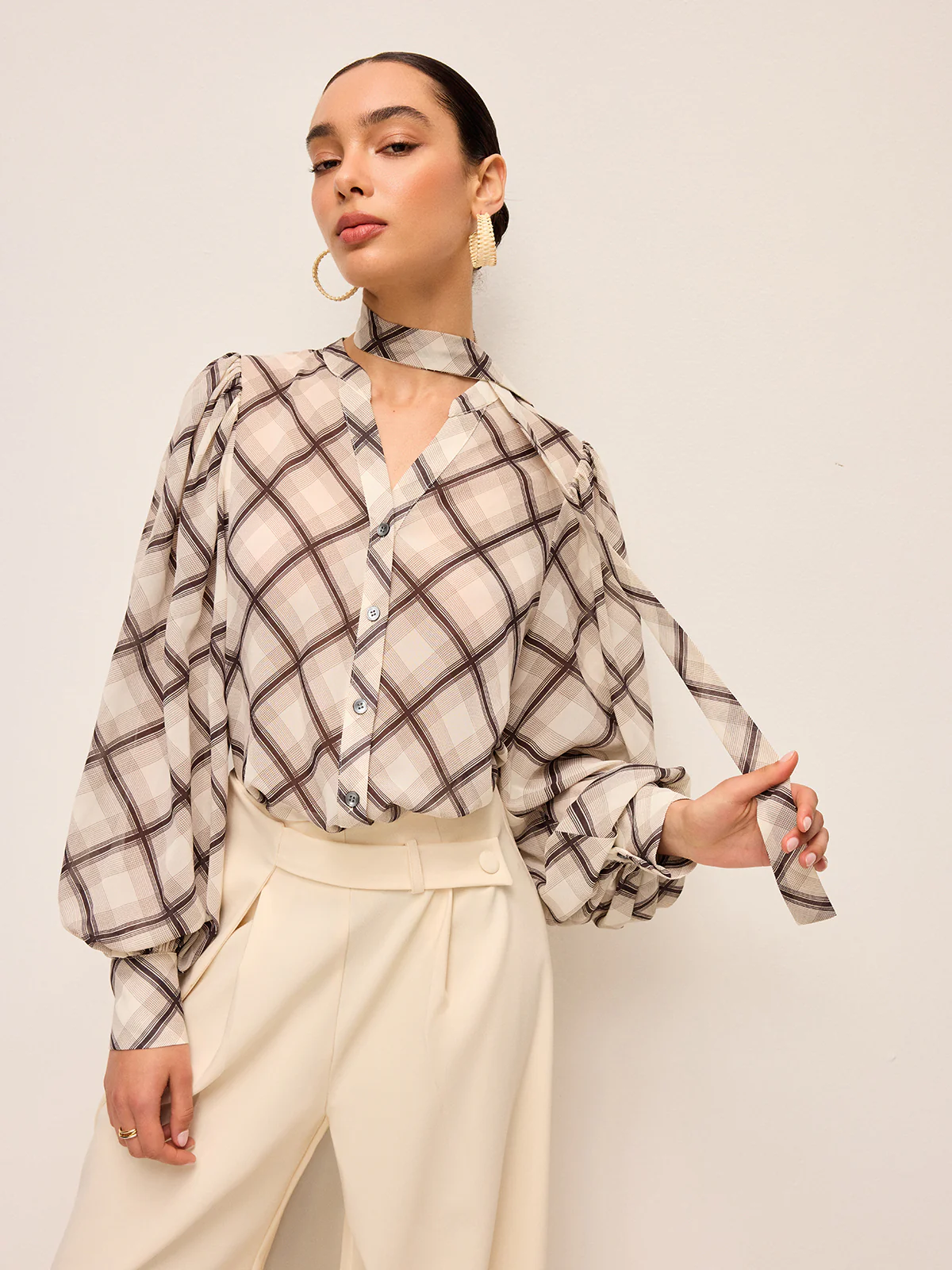 Long-Sleeve Plaid Chiffon Shirt With Neck-Tie Detail - Image 4