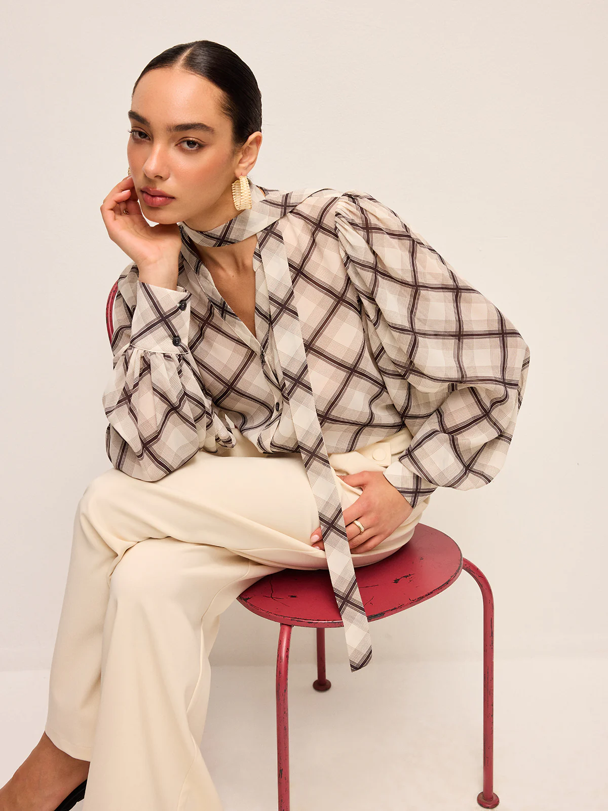 Long-Sleeve Plaid Chiffon Shirt With Neck-Tie Detail - Image 5