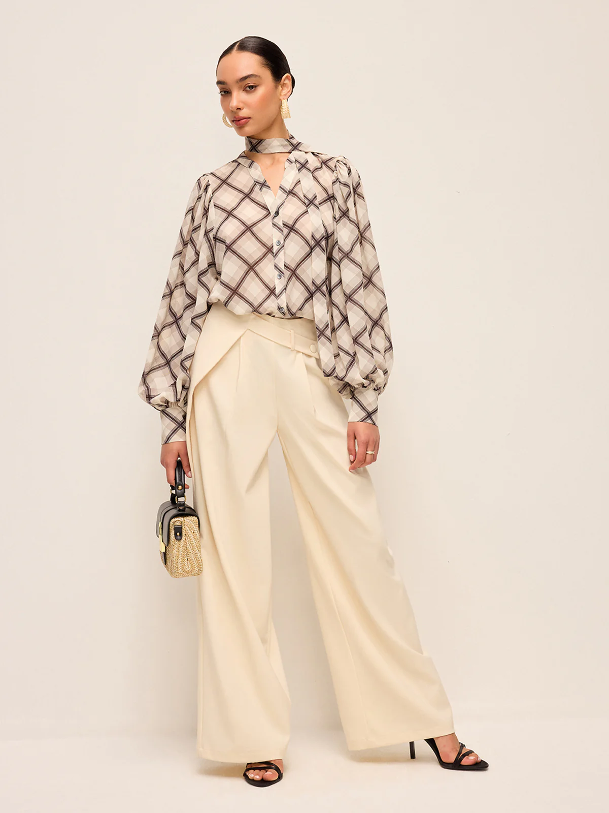 Long-Sleeve Plaid Chiffon Shirt With Neck-Tie Detail - Image 6
