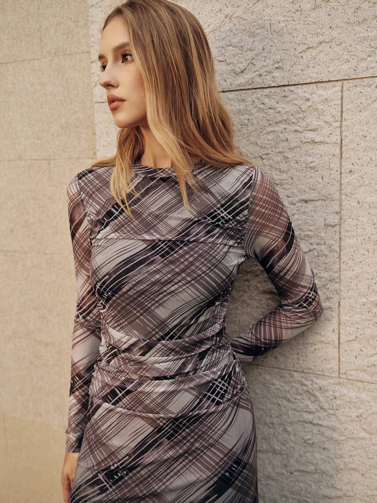 Long Sleeve Plaid Mesh Ruched Maxi Dress - Image 2