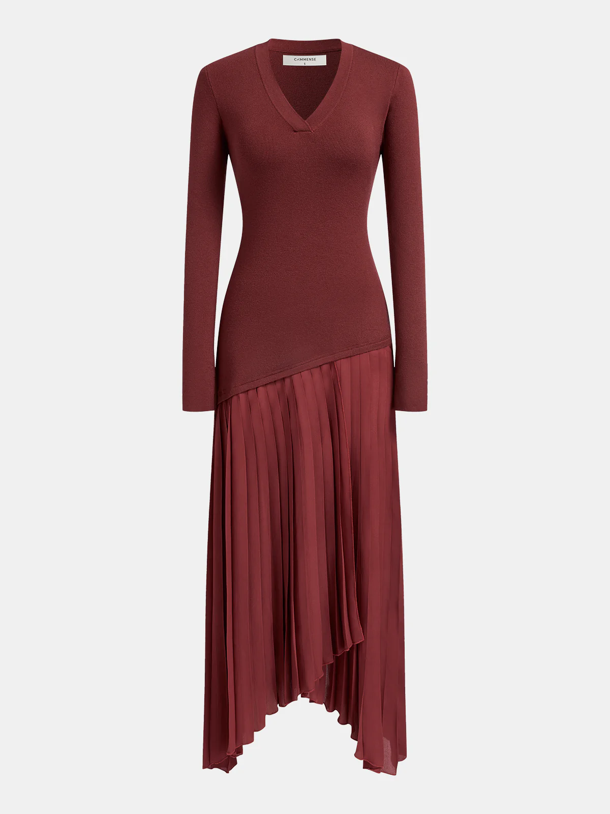 Long-Sleeve Pleated Panel Knit Maxi Dress