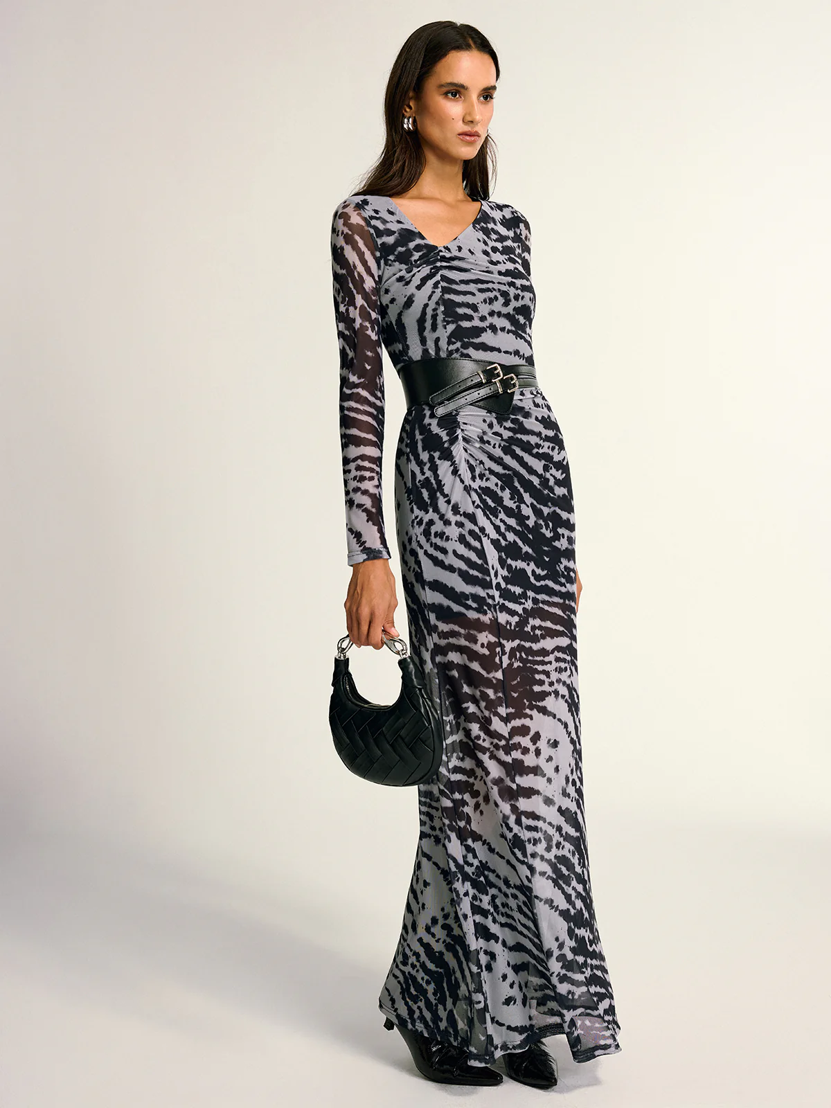Long Sleeve Ruched Abstract Print Dress - Image 2