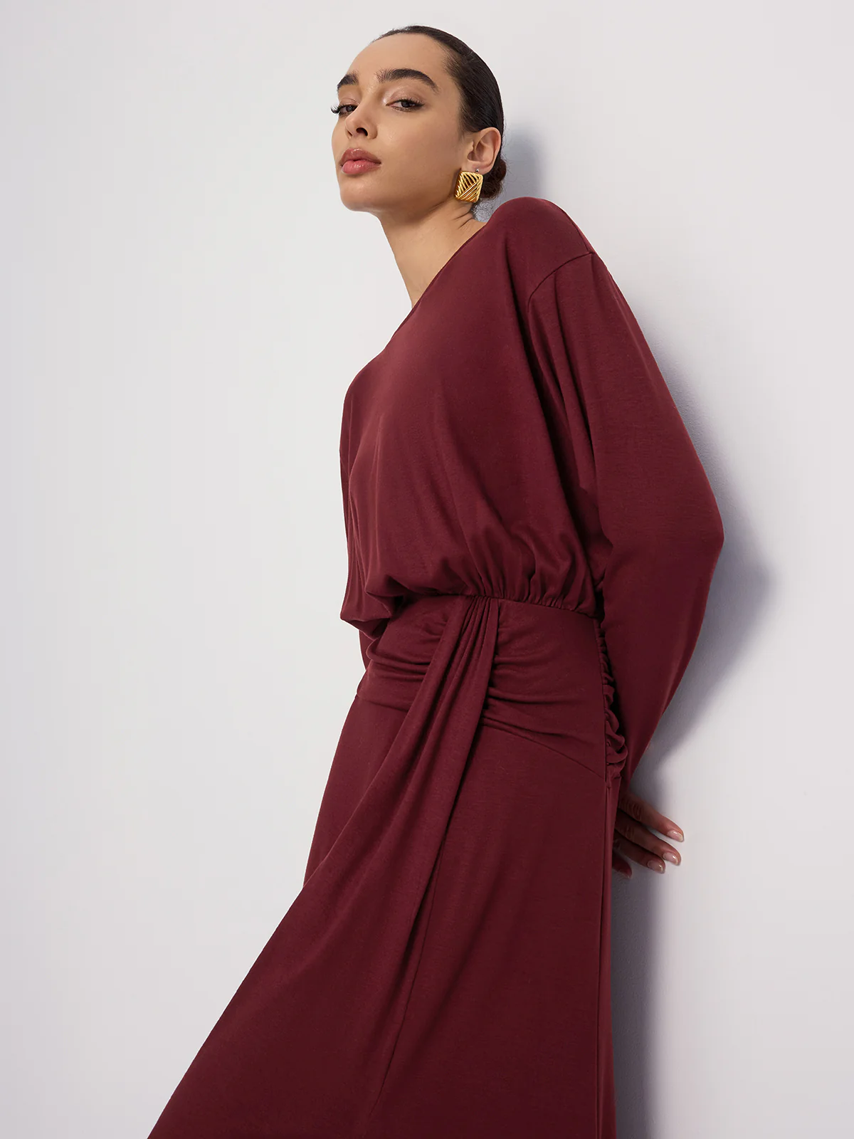 Long Sleeve Ruched Slit Maxi Dress