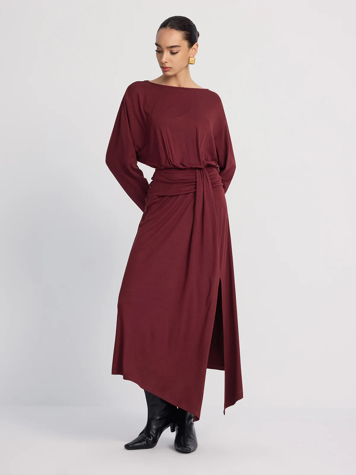 Long Sleeve Ruched Slit Maxi Dress - Image 5