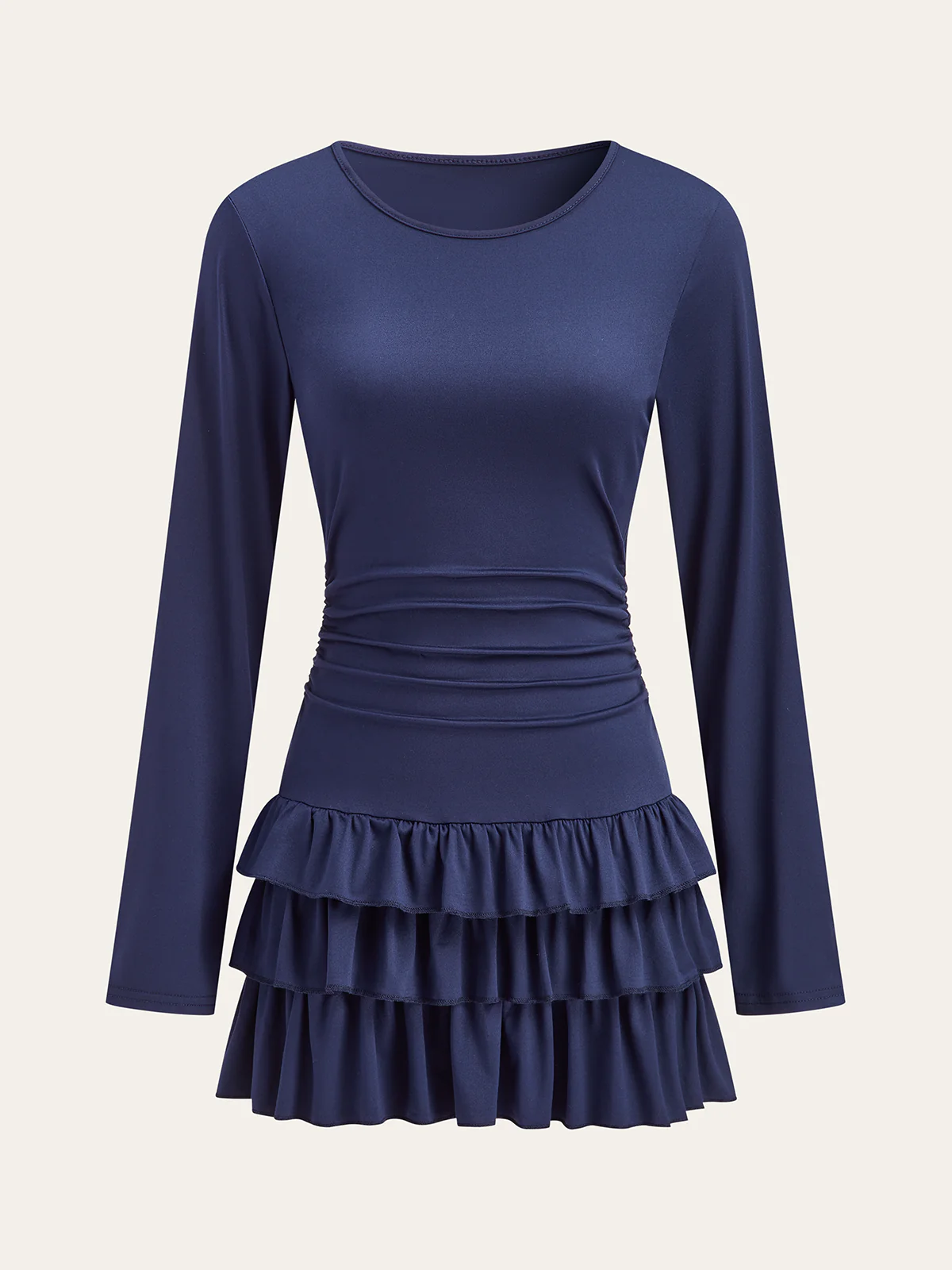 Long Sleeve Ruched Waist Layered Ruffle Dress - Image 2