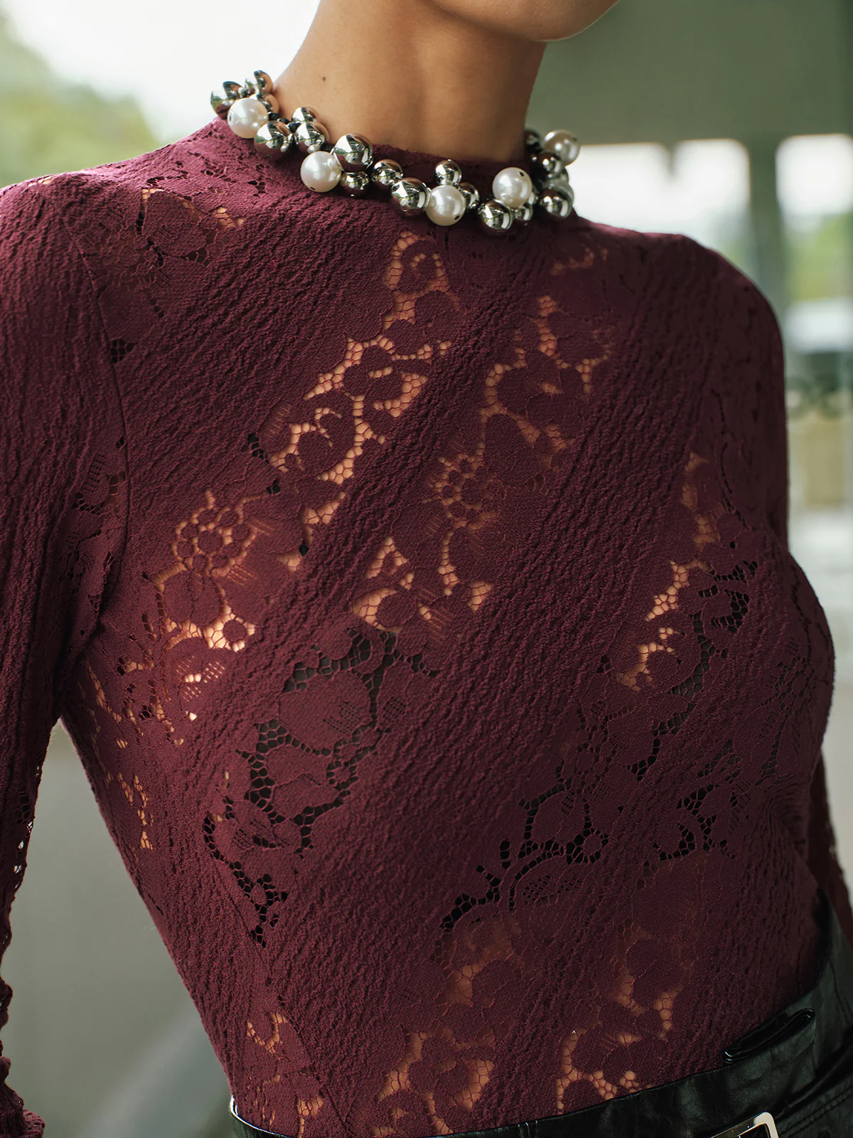 Long Sleeve Sheer Lace Fitted Blouse - Image 3