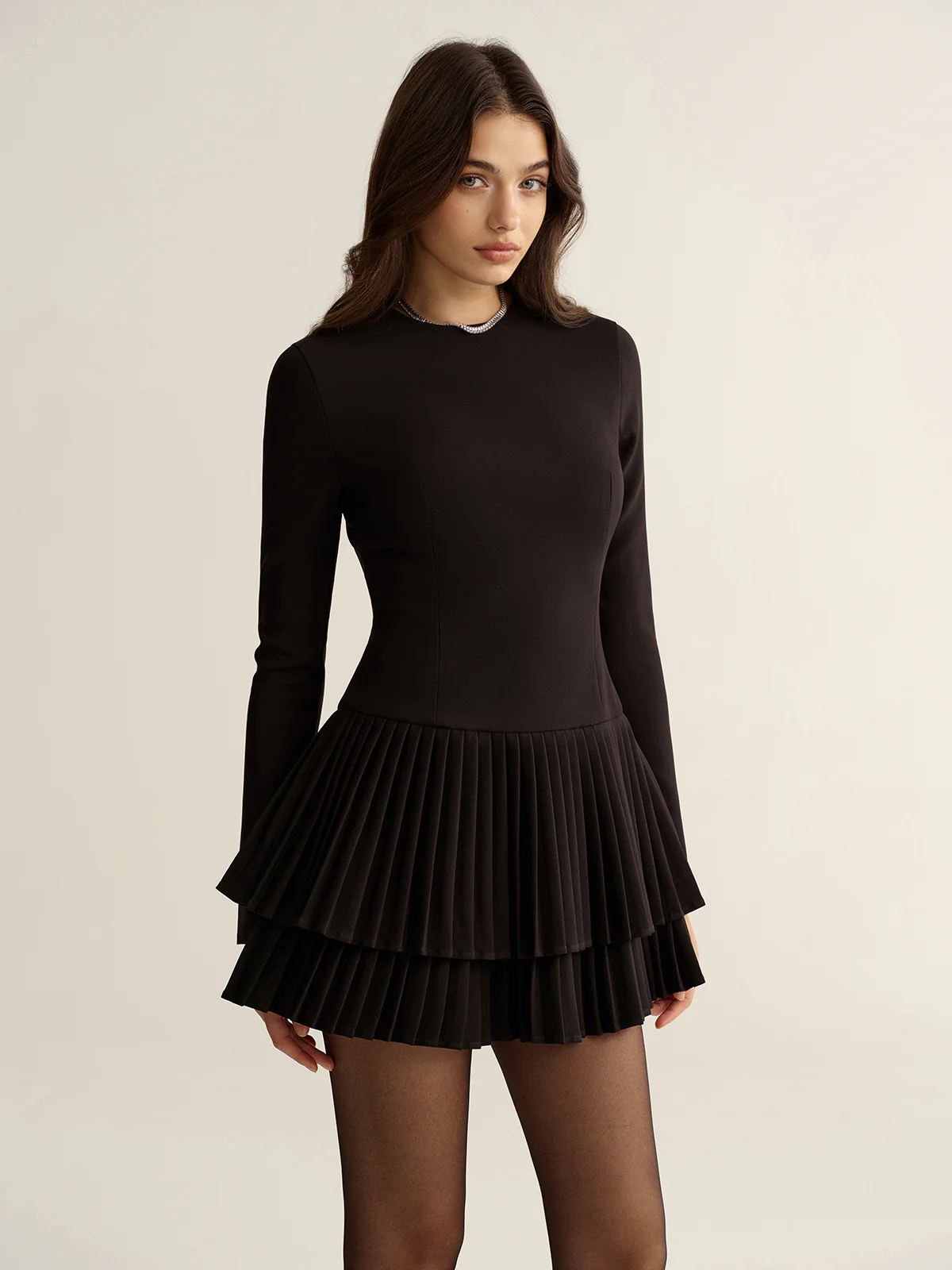 Long Sleeve Tiered Pleated Mini Dress - Image 2