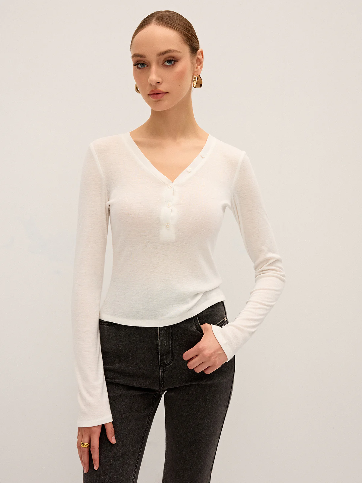 Long Sleeve V-Neck Button T-Shirt - Image 2
