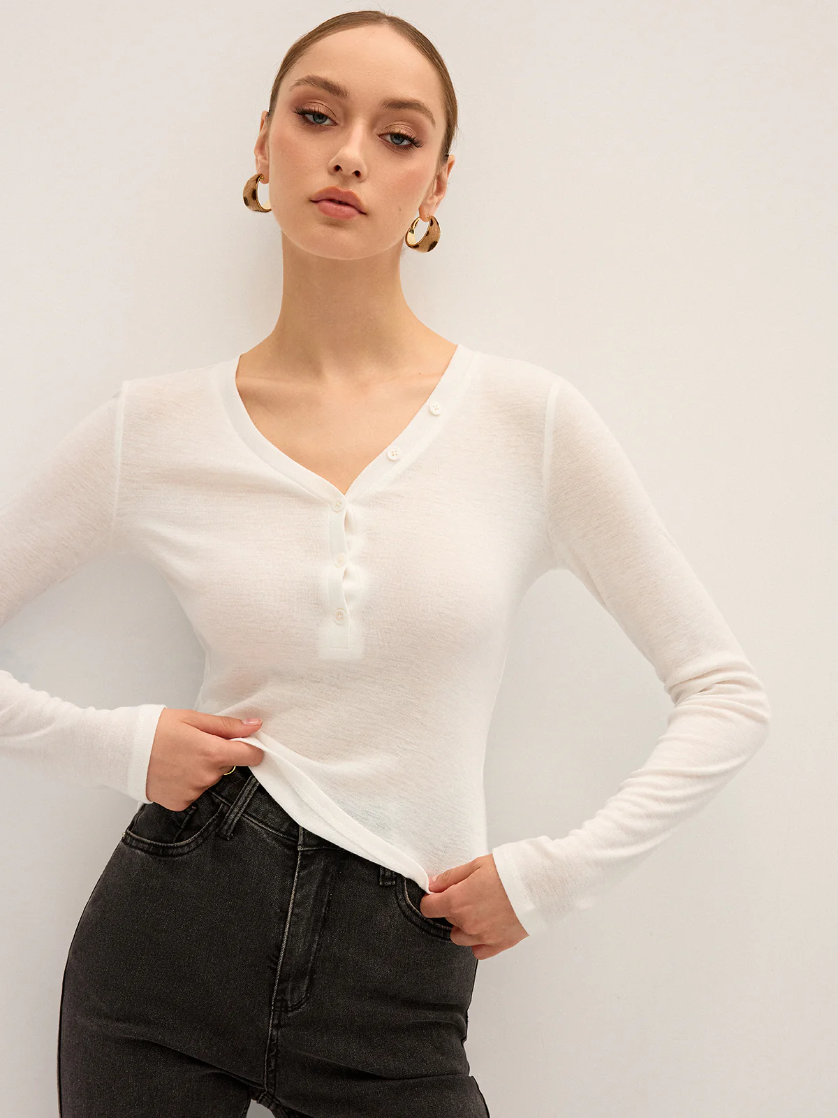 Long Sleeve V-Neck Button T-Shirt - Image 3