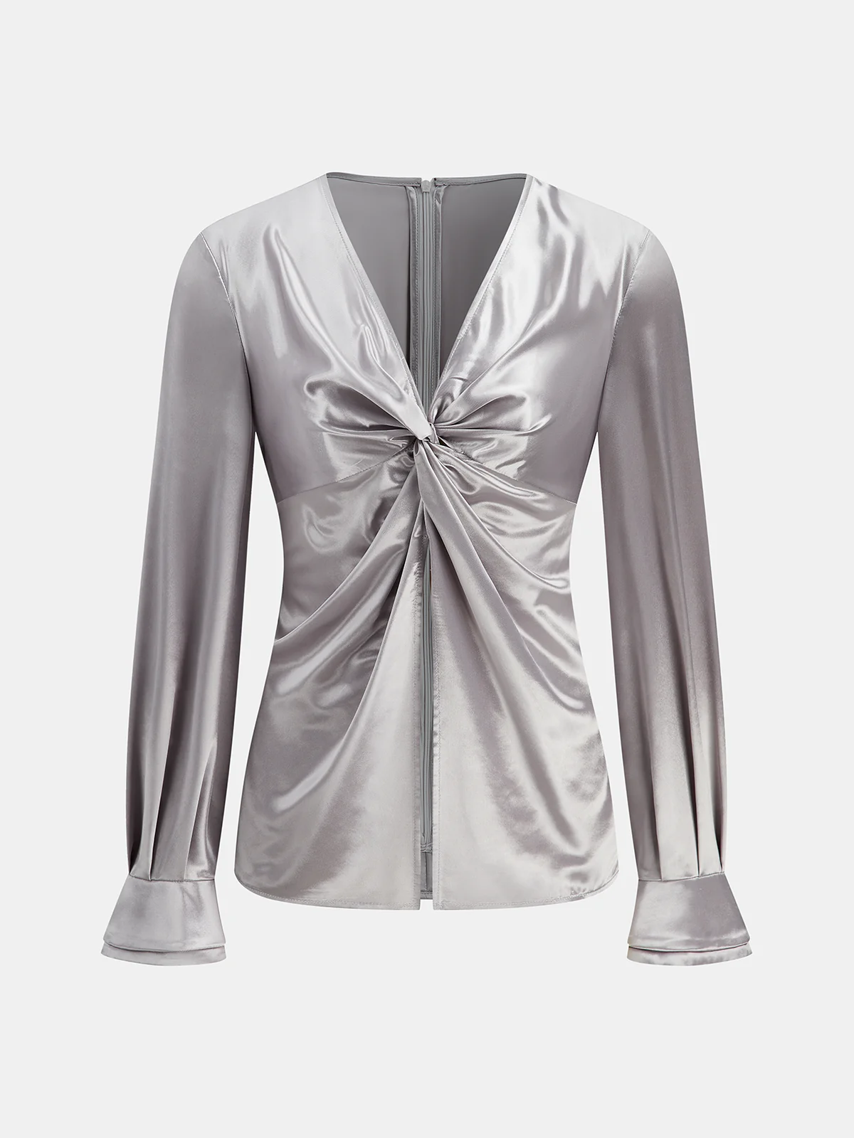 Long Sleeve V-Neck Knot Front Satin Blouse - Image 2