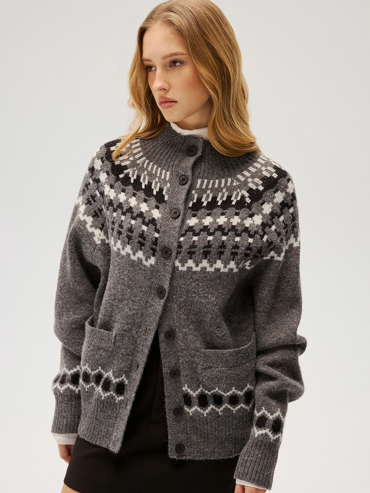 Loose Fair Isle Knit Button Front Cardigan - Image 3