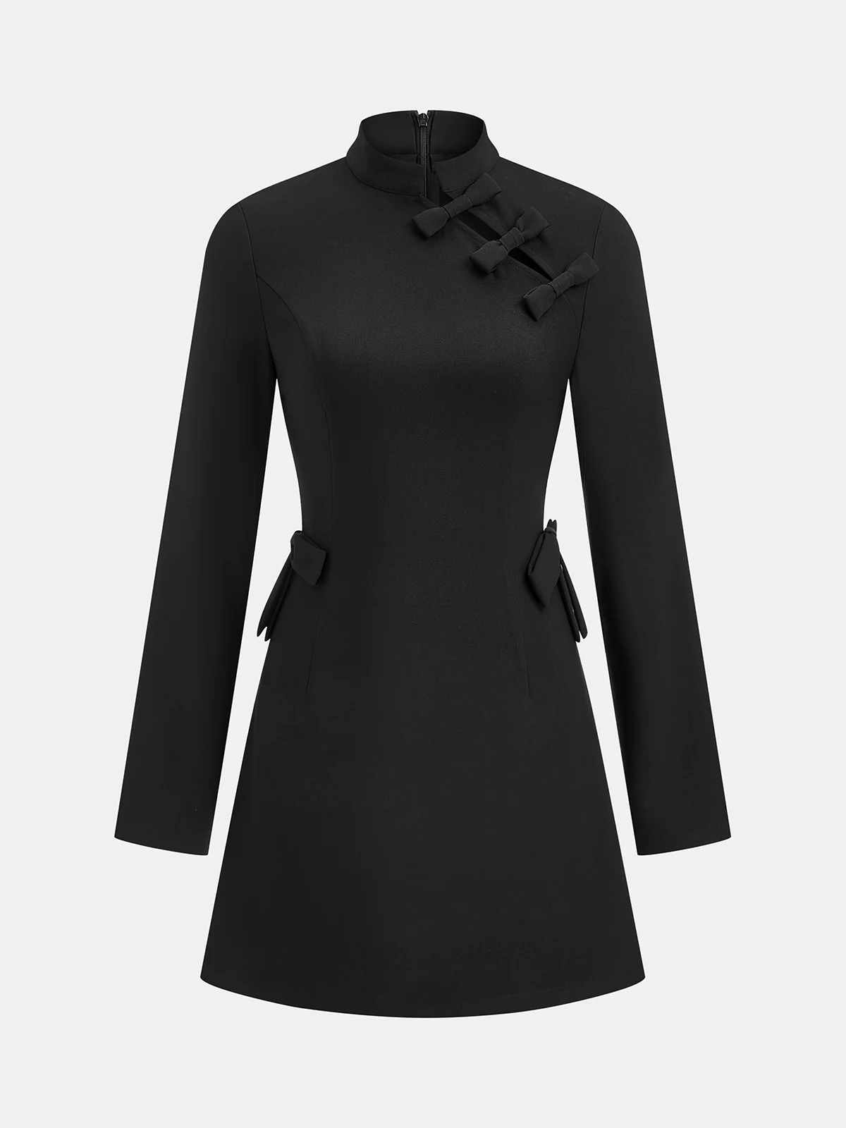 Mandarin Collar Bow Detail Mini Dress - Image 2