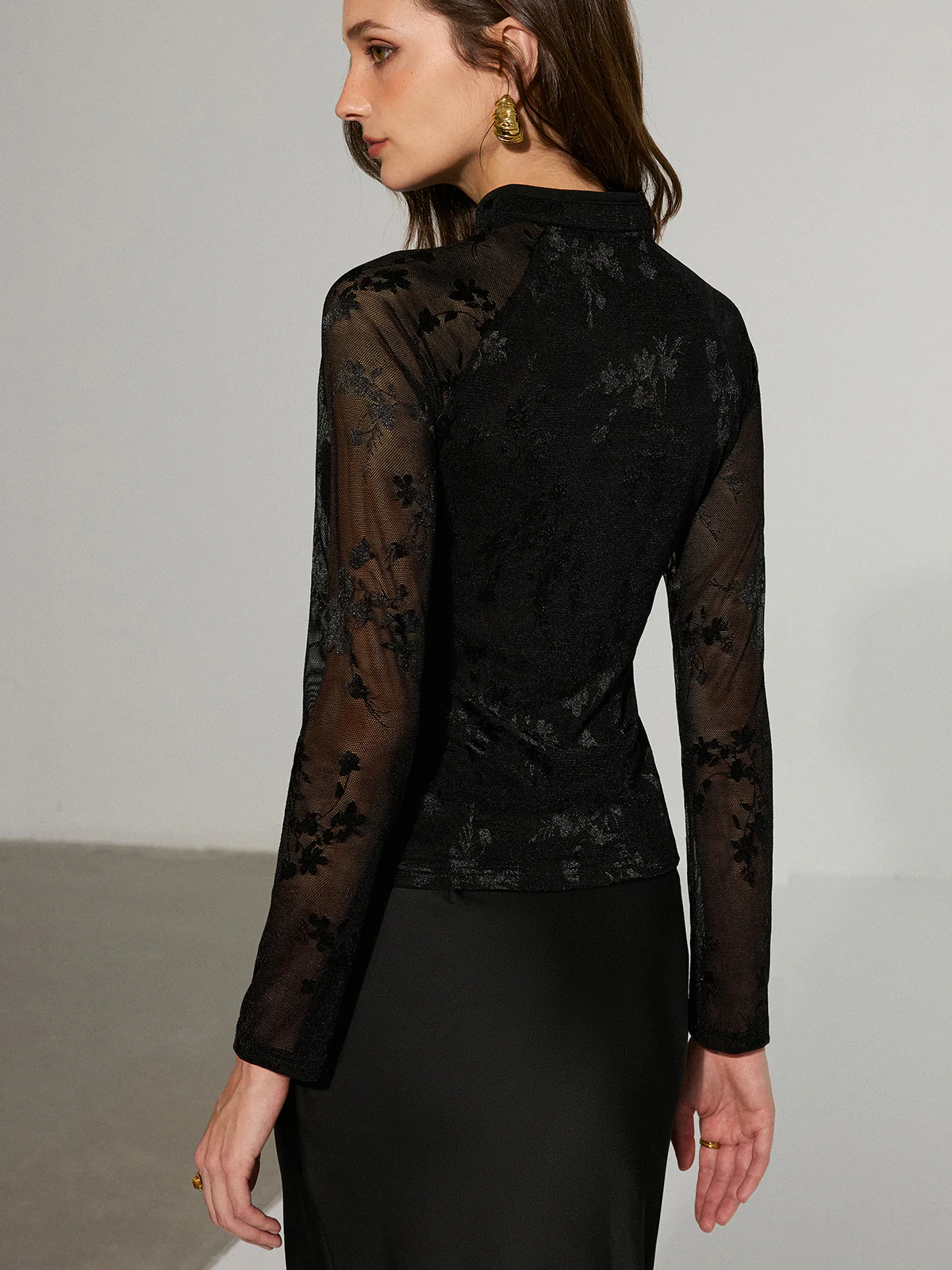 Mandarin Collar Floral Lace Long Sleeve T-Shirt - Image 5