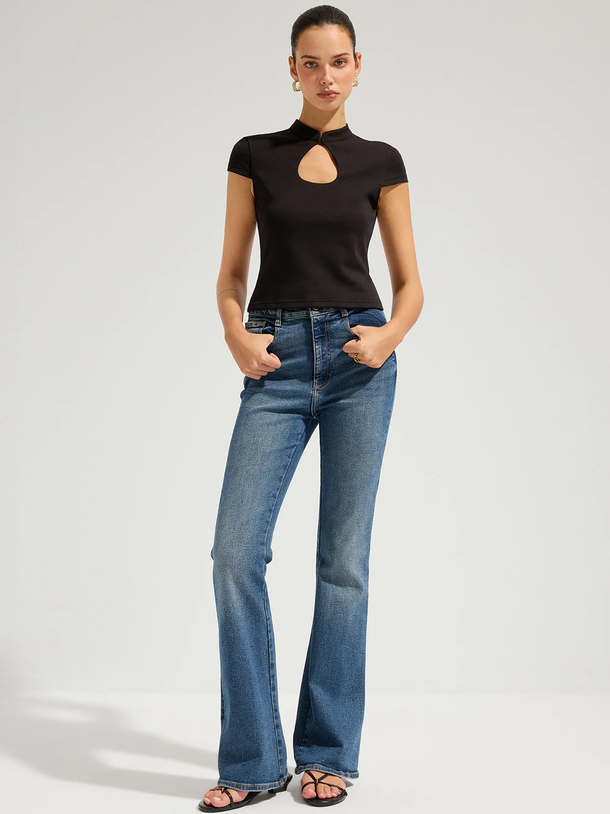 Mandarin Collar Keyhole Short Sleeve Top - Image 3