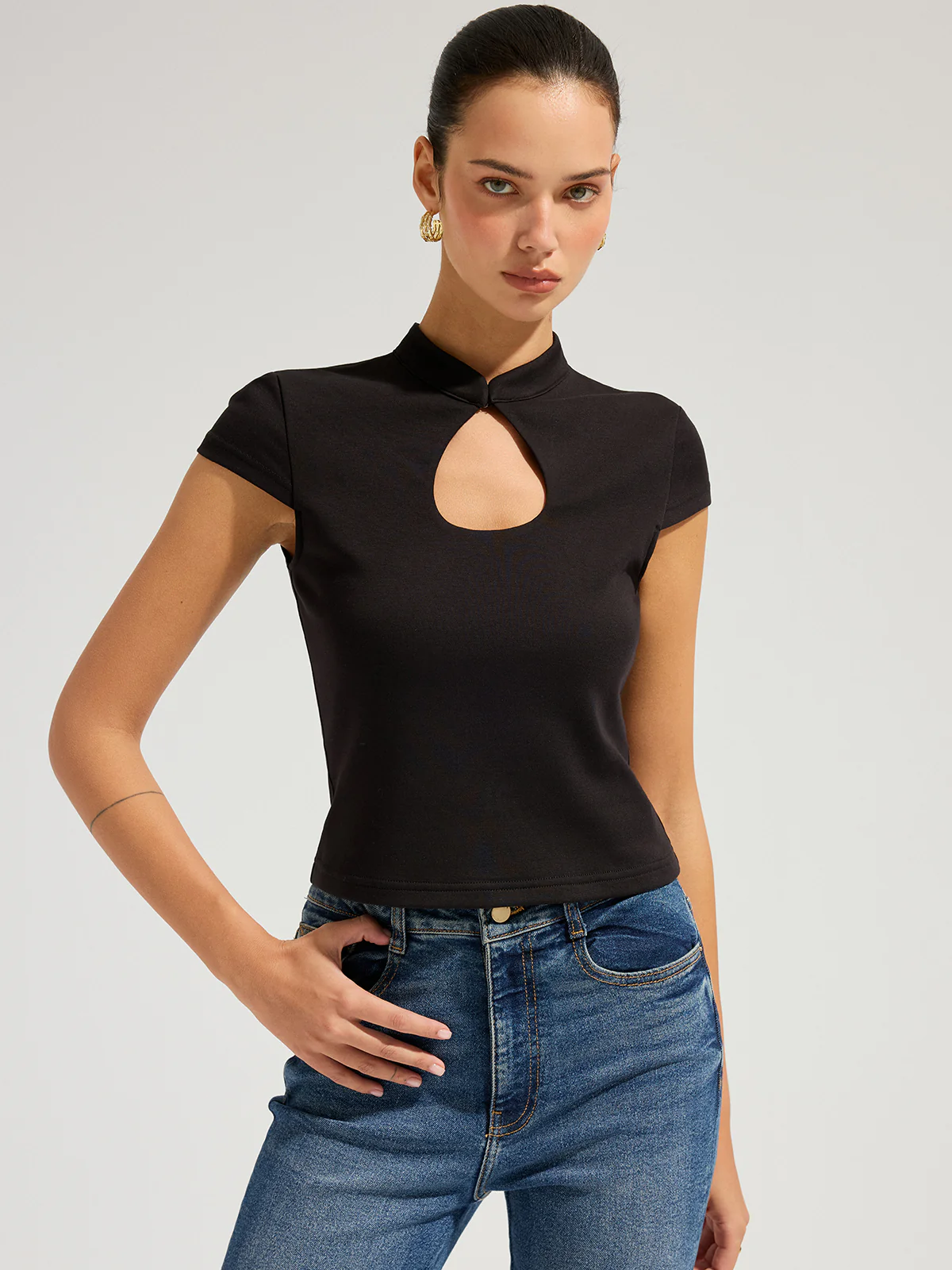Mandarin Collar Keyhole Short Sleeve Top - Image 4